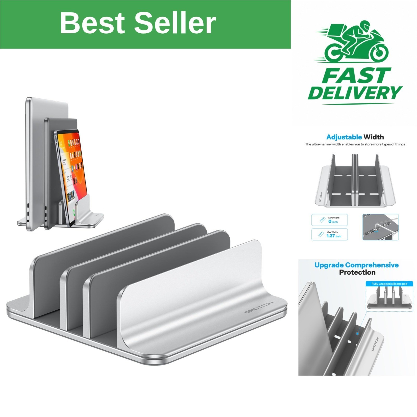 OMOTON 3-Slot Vertical Laptop Stand, Adjustable Aluminum Desk Holder