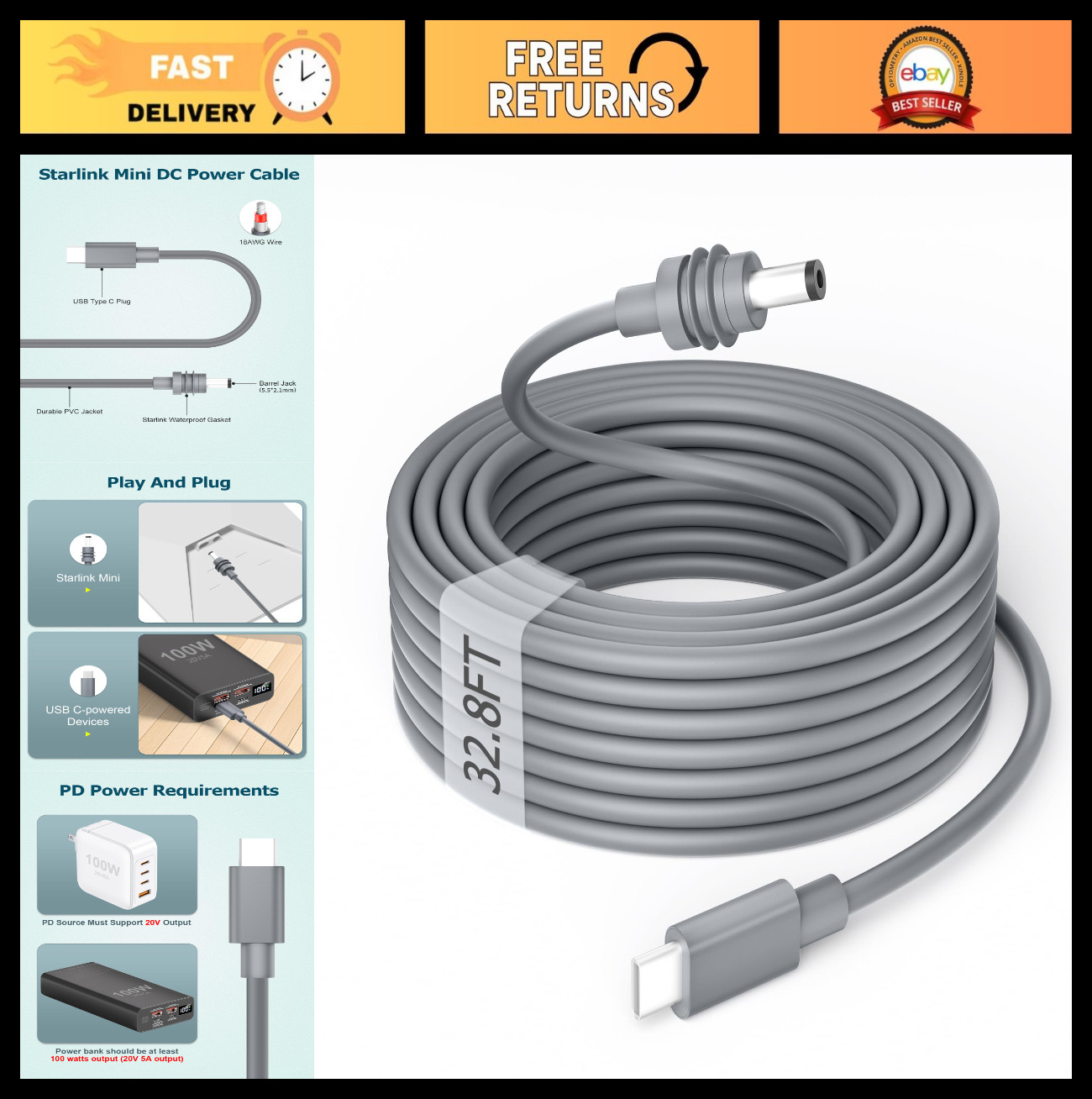 32.8FT USB C to DC Power Cord | Fast Charging 100W, Waterproof, Smart Chip, 18AW