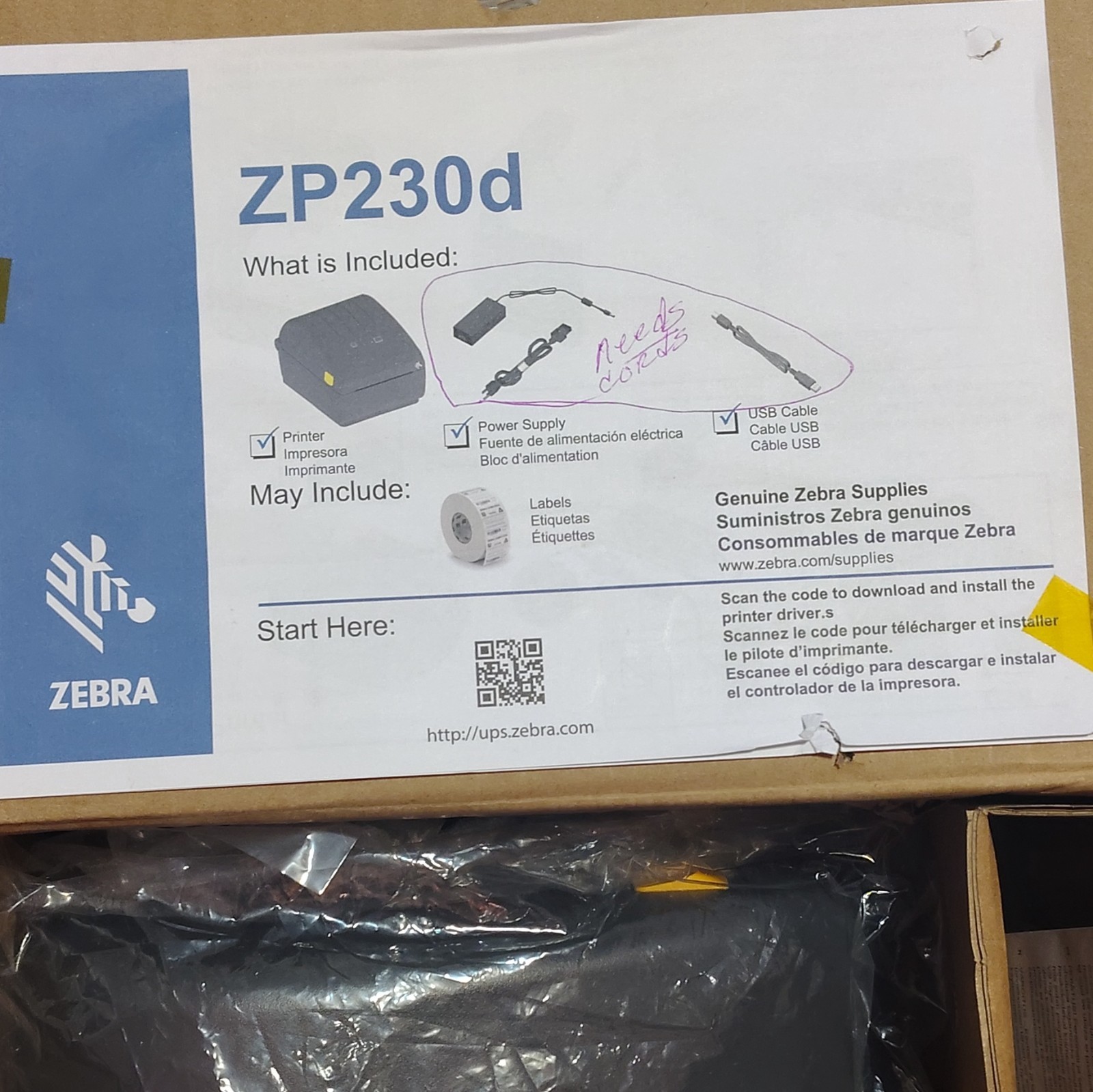 zebra thermal printer ( needs USB cable and power supply)
