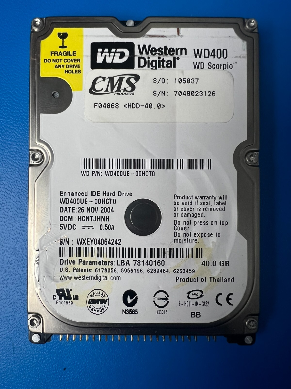 Western Digital WD400 WD Scorpio Enhanced IDE HDD 5v .5a 40GB WD400UE-00HCT0