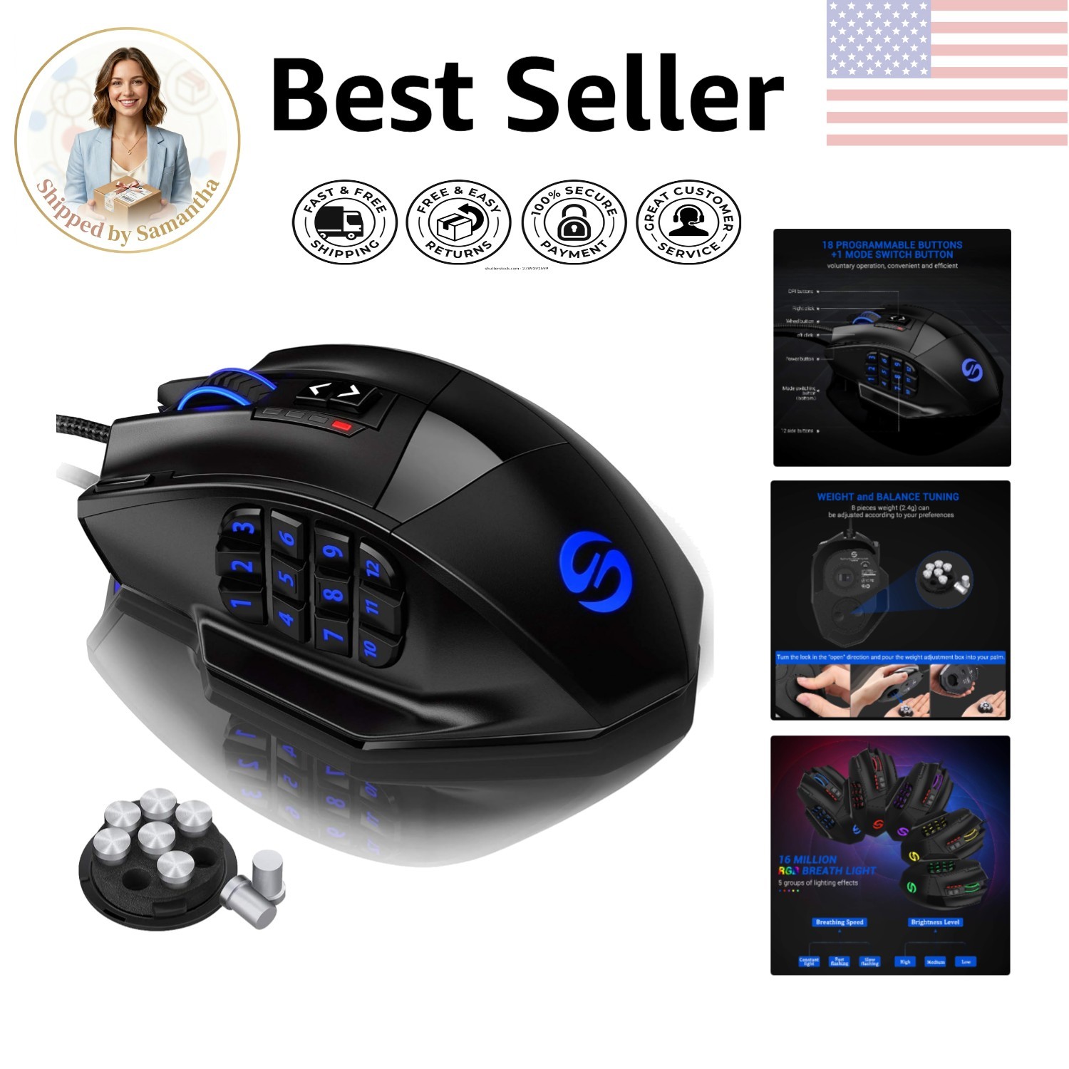 Venus RGB Gaming Mouse - 16400 DPI High Precision with 19 Programmable Buttons