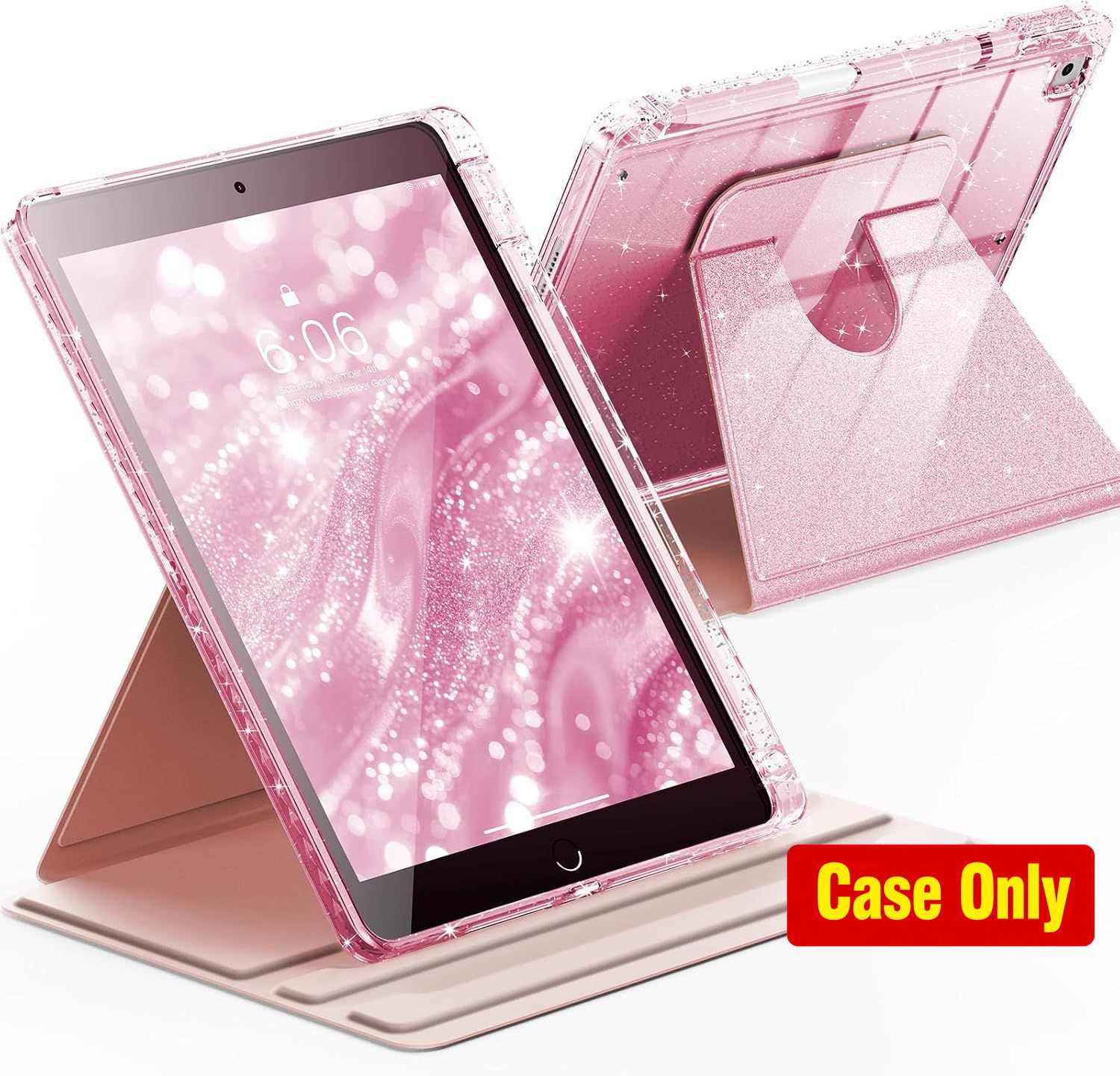 Case for iPad 9th Generation 10.2 Inch, 360 Rotating Cute Glitter Cover, Pencil