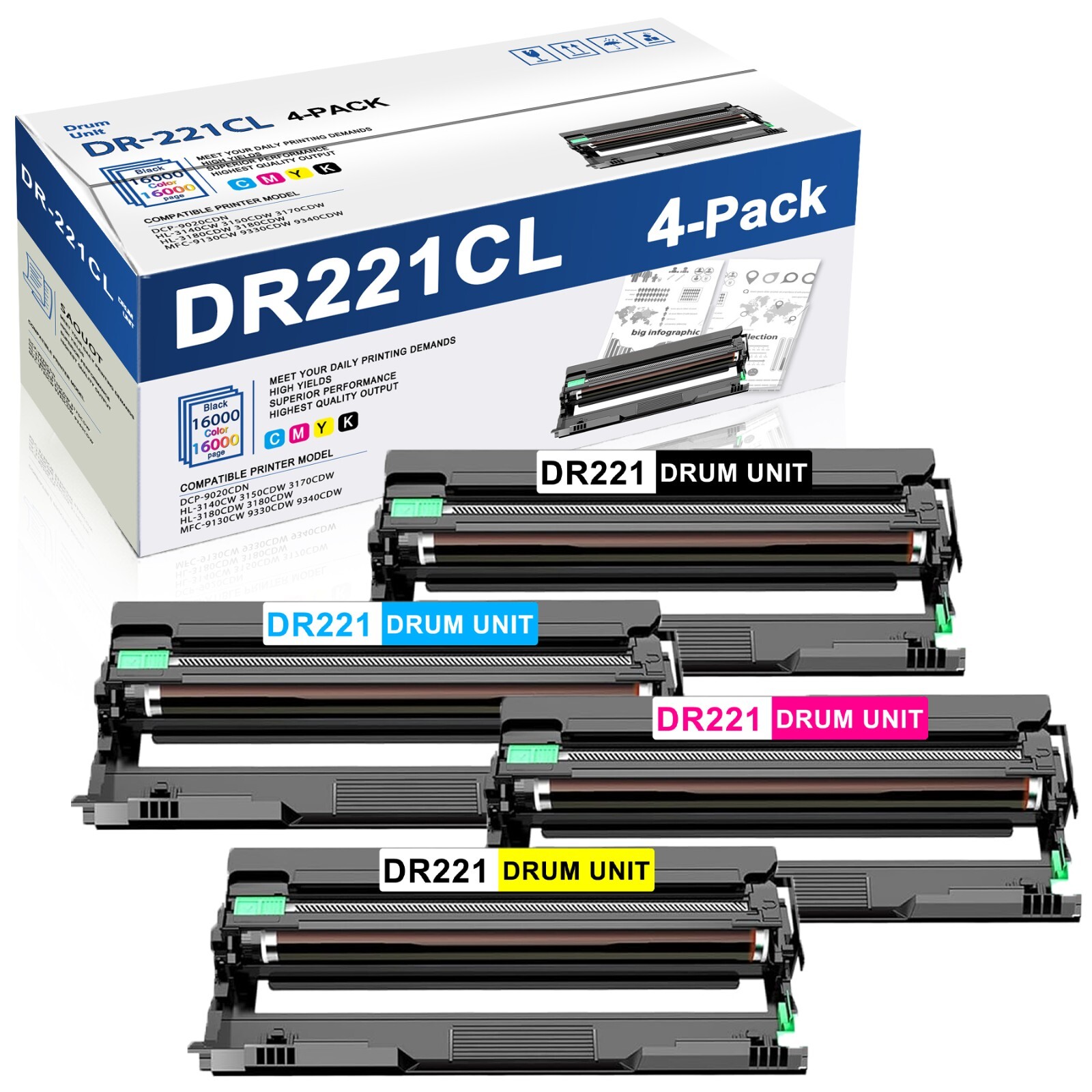 DR221CL BK/C/M/Y DR 221CL Drum Unit Replacement for Brother DR221 MFC-9130CW