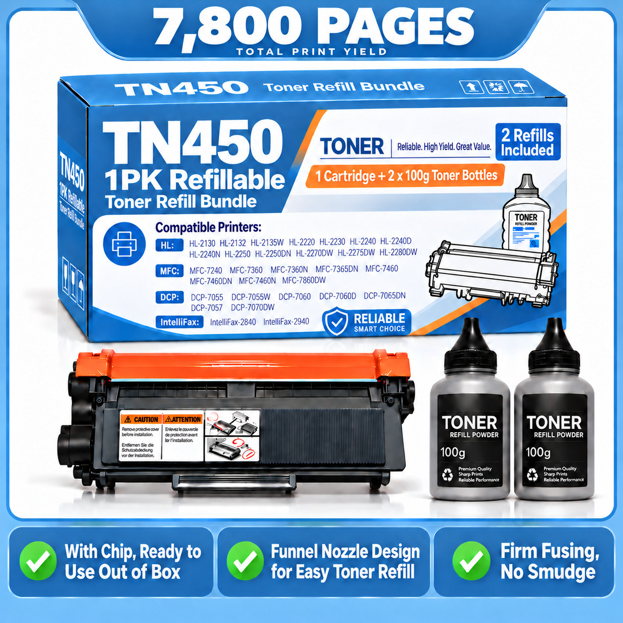 TN450 TN-450 Toner Cartridge Refillable For HL-2270DW MFC-7470 IntelliFax 2840