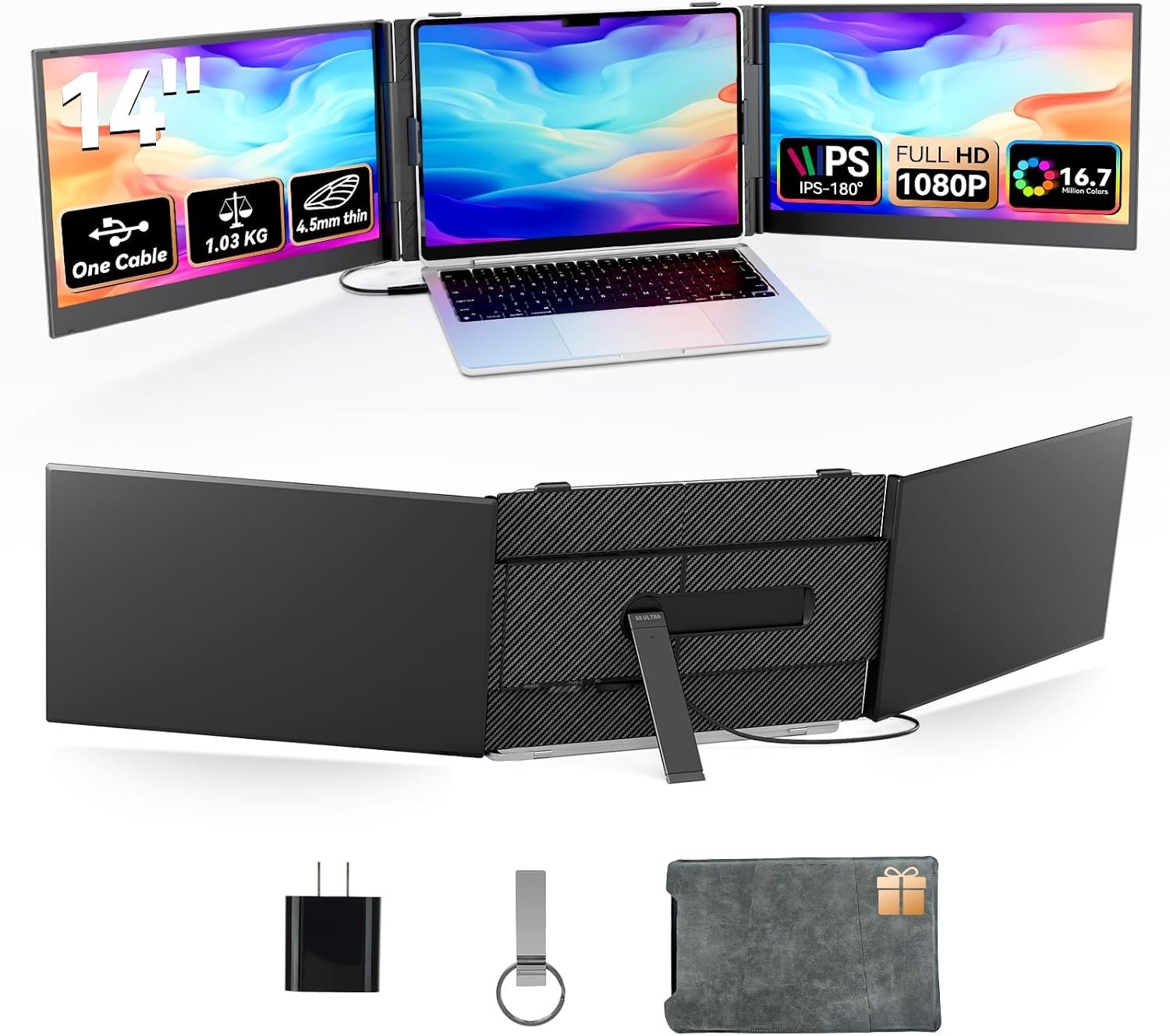 Ultra Thin Triple Laptop Screen Extender 14" IPS FHD 1080P Monitor FHD 1080p LCD