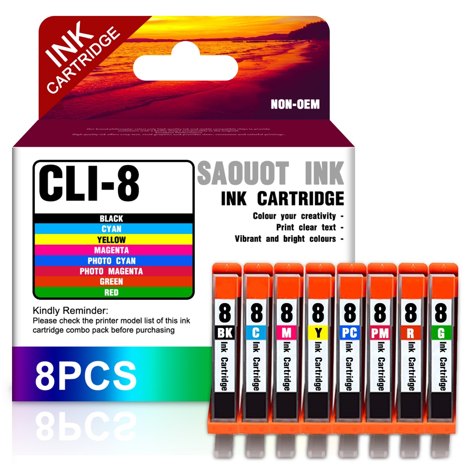 Replacement CLI-8 8-Color Ink for Canon Pixma MP500 MP510 Mark II (8-Pack)