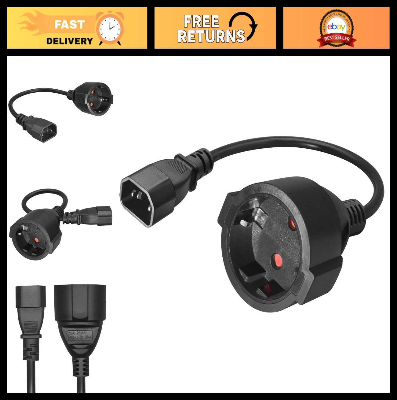 IEC 320 C14 to Schuko Female Socket Power Cord 1ft, 220V CEE7 Adapter, 18AWG