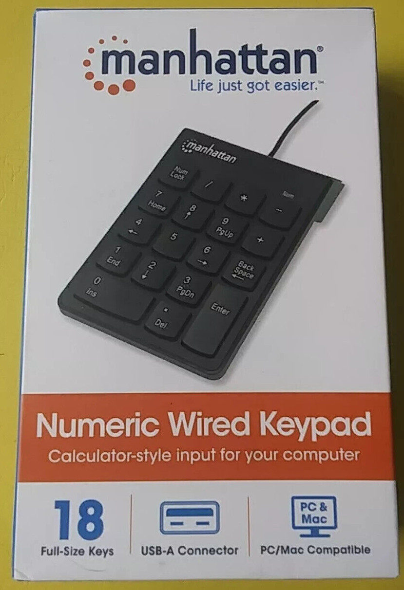 Manhattan External USB Wired Numeric Keypad Full Sized Keys Brand New