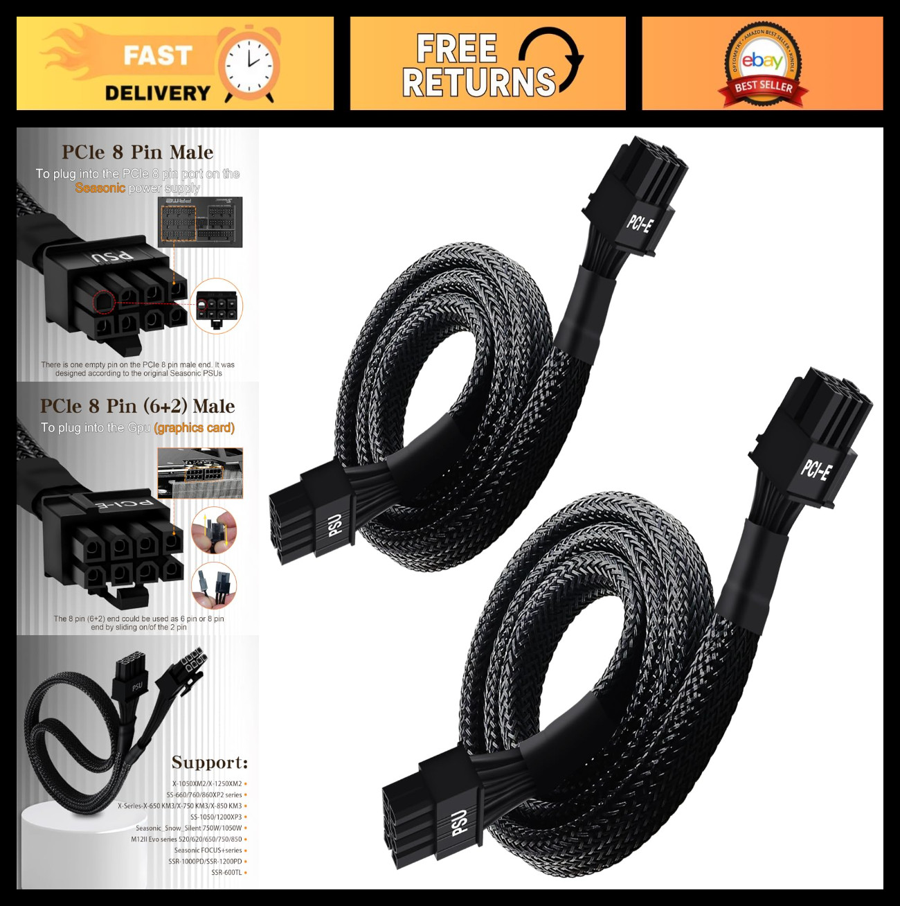 "2-Pack PCIe 8 Pin Power Cable Adapter, 25-inch Sleeved Male to Male for PSUs"