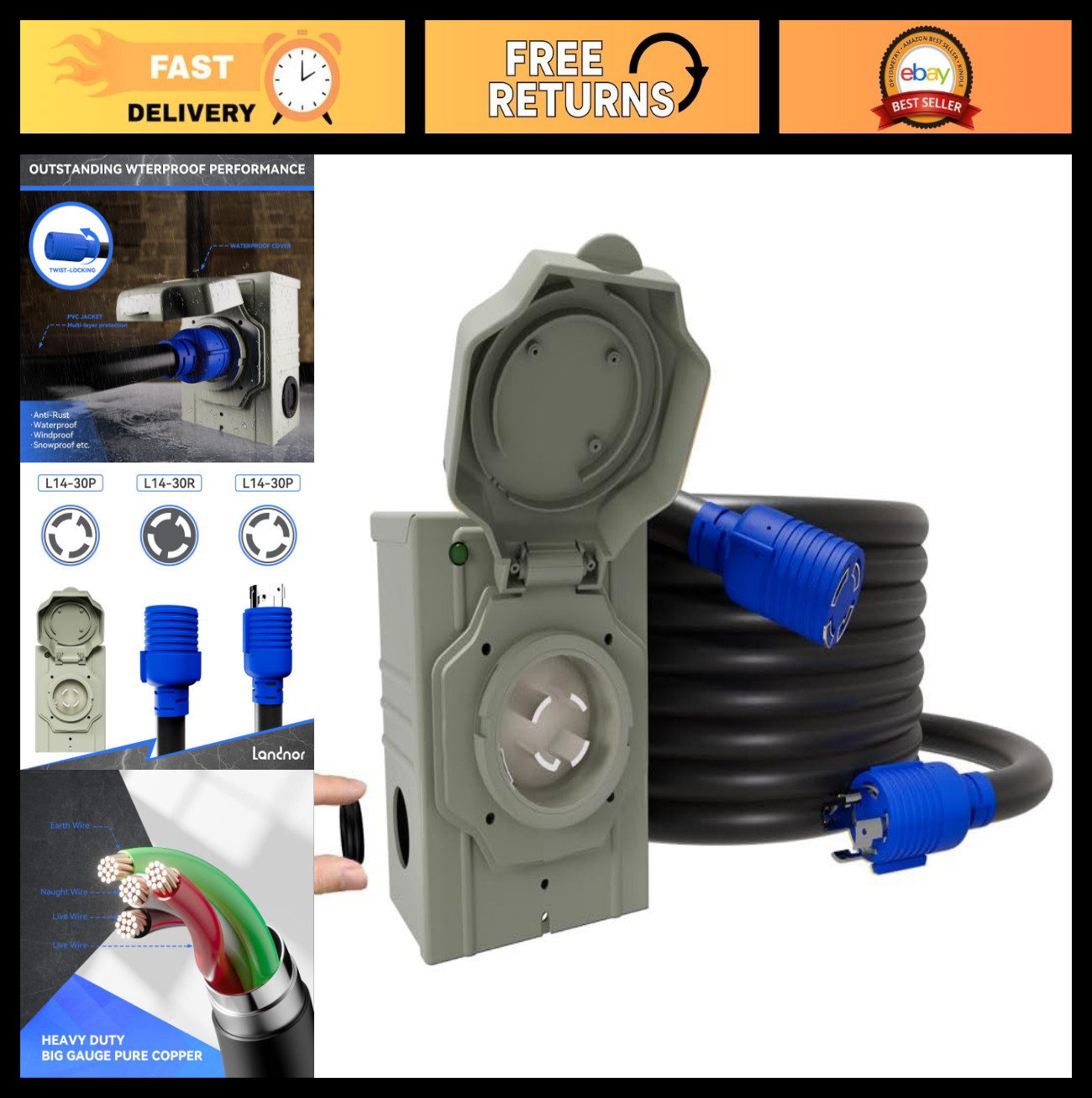 50 Amp 10ft Generator Power Cable, NEMA L14-30P to L14-30R, Heavy Duty, SJTW