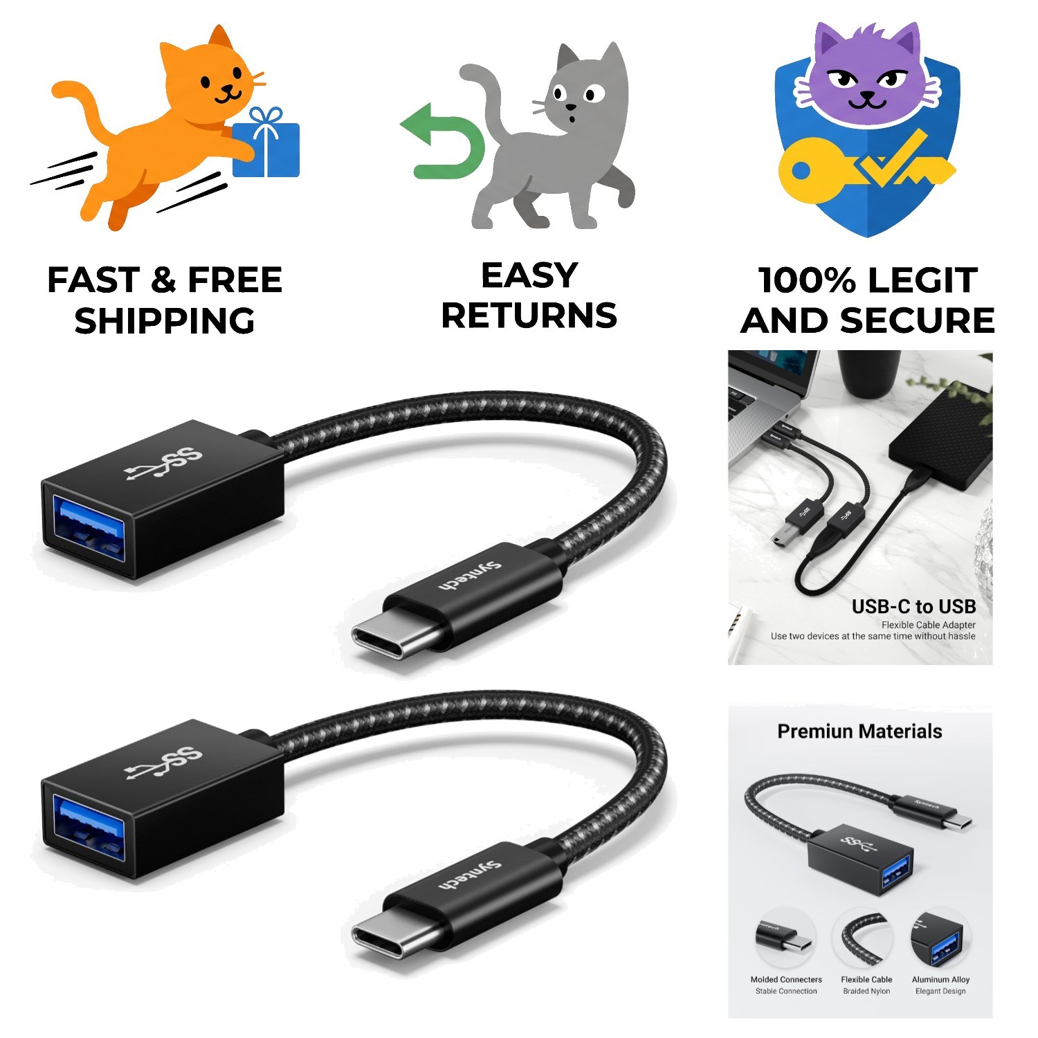 USB 3.0 OTG Adapter 2 Pack - 10Gbps Speed for All USB C Devices, Metallic Finish