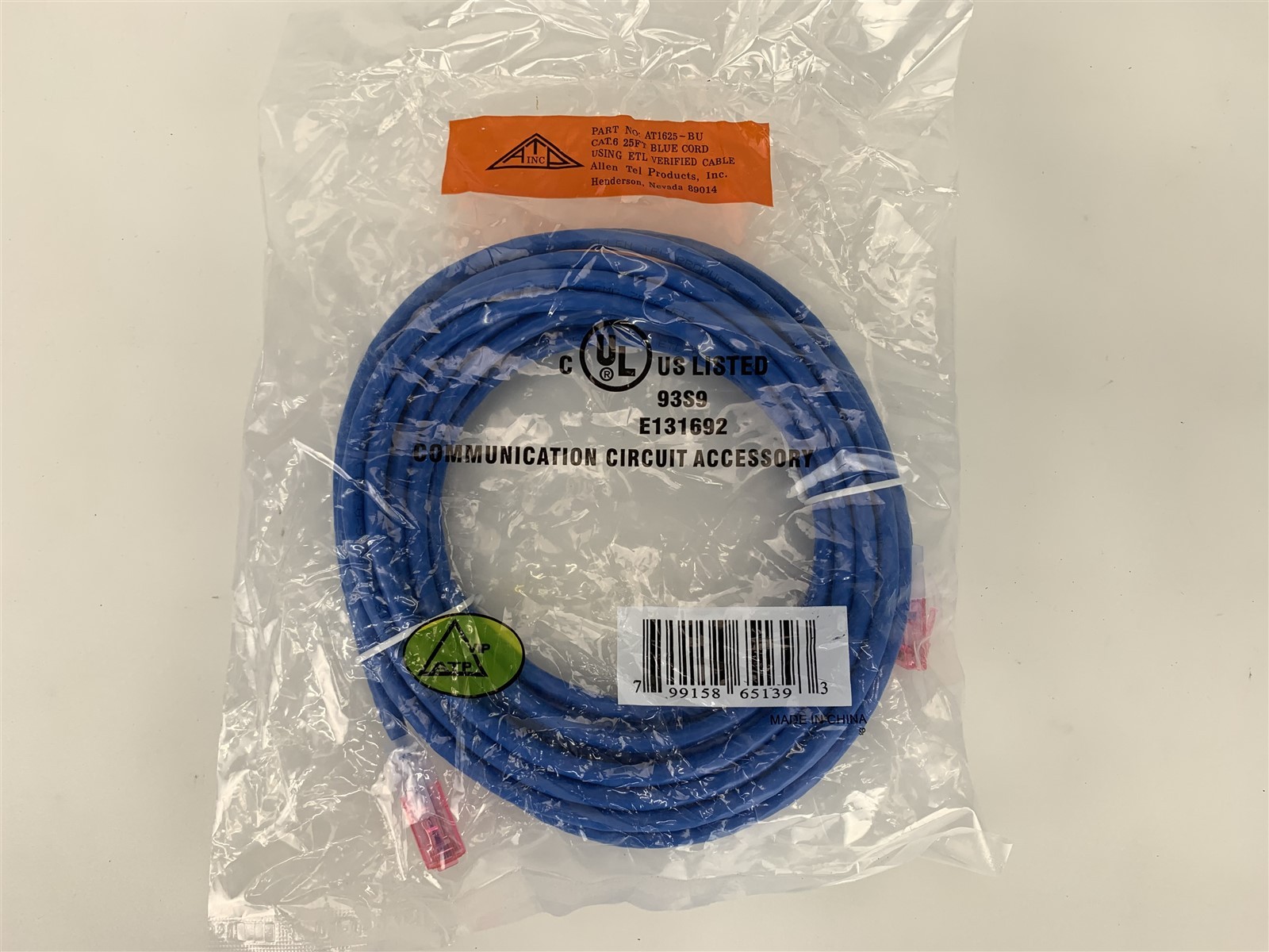 Allen Tel AT1625-BU 25ft CAT6 Patch Cable Snagless Boot - Blue 