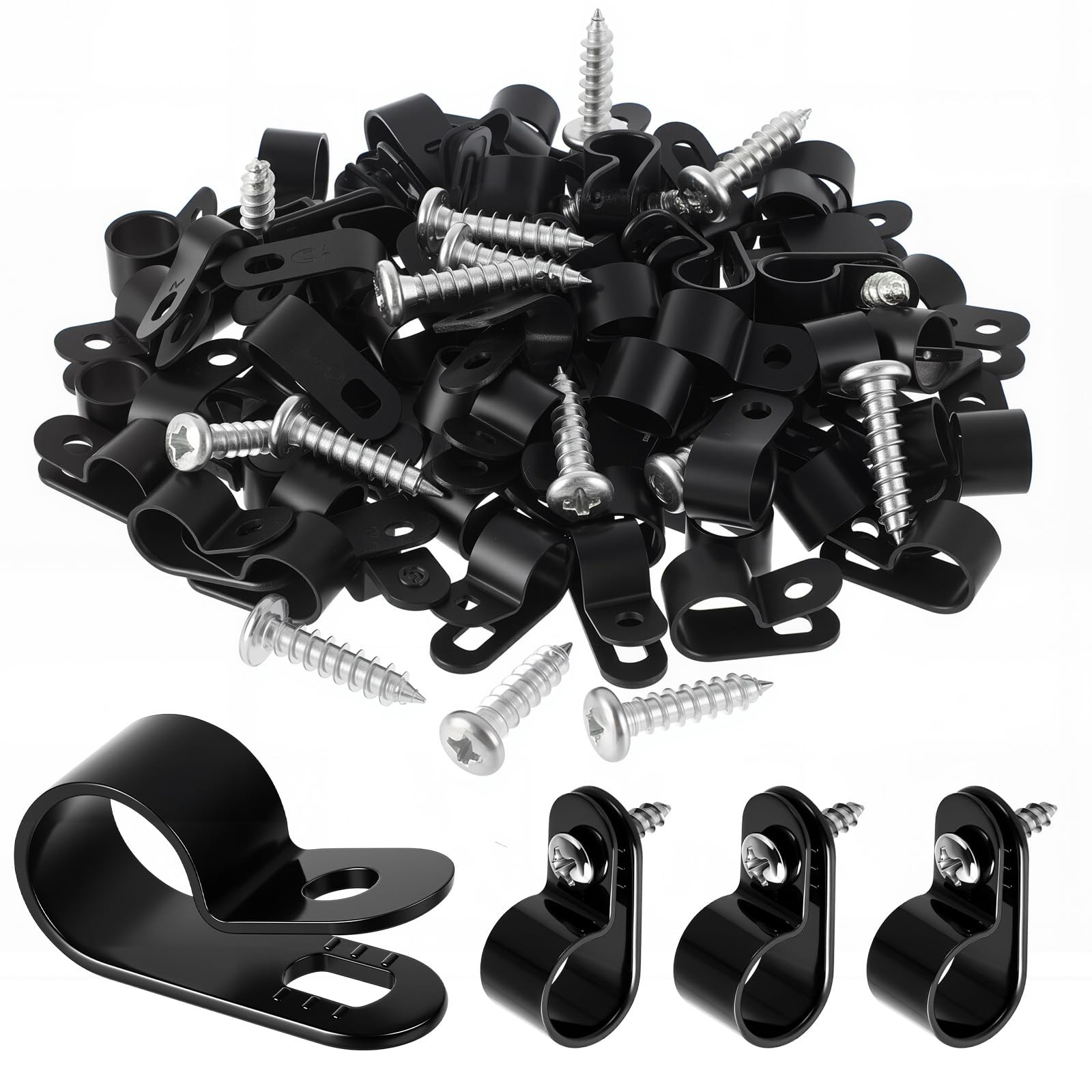 100 Pcs 1/2inch Rope Light Clips P-Style Black Cable Clamps Outside