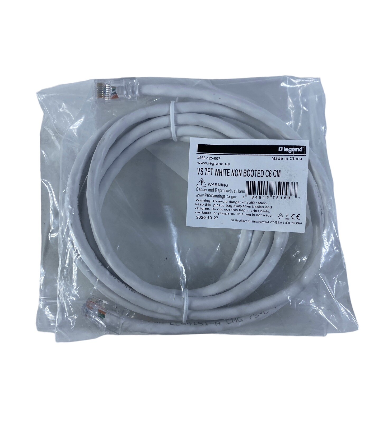 7FT WHITE CAT6 566-125-007 4-PAIR UTP 24AWG NON BOOTED PATCH CABLE