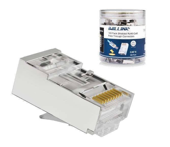 100-Pack Shielded RJ45 Cat6 Pass-Through Connectors, STP Crimp Modular Plugs