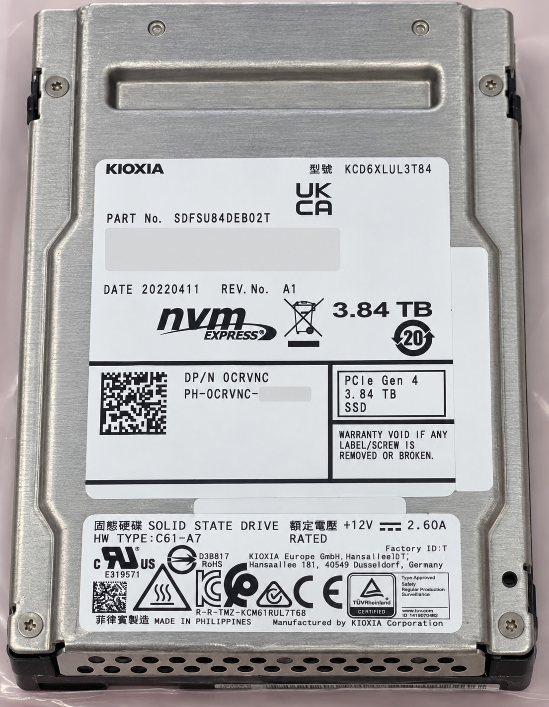 KIOXIA CD6-R 3.84TB U.3 NVMe PCIe 4.0 SSD KCD6XLUL3T84 Dell CRVNC