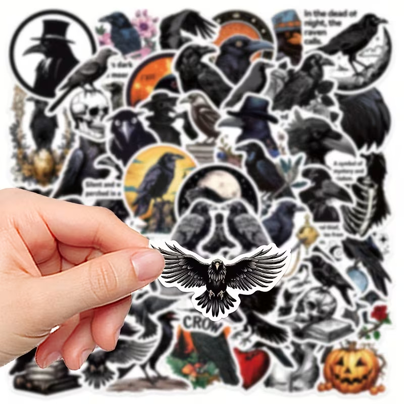3 Random Black Crow Gothic Stickers Raven Spooky Halloween Dark Decals