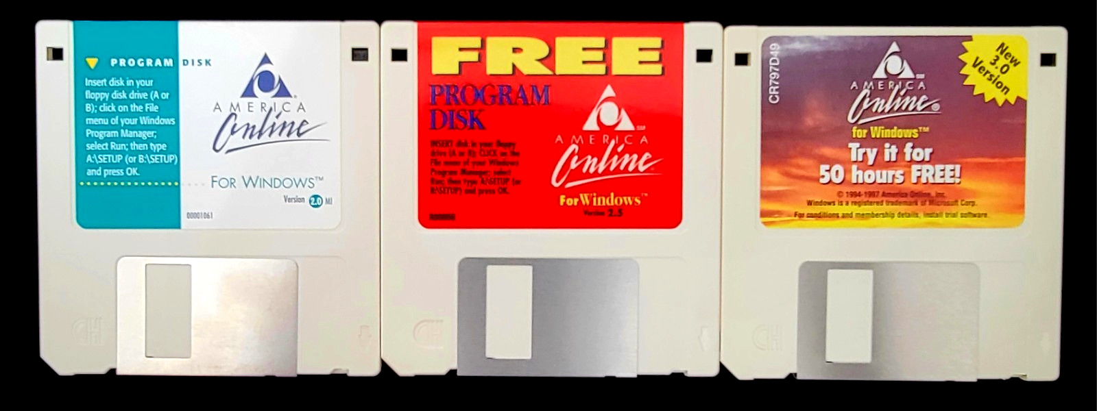 America Online 3 Vintage 3.5" Floppy Disks - Version 2.0, 2.5 and 3.0