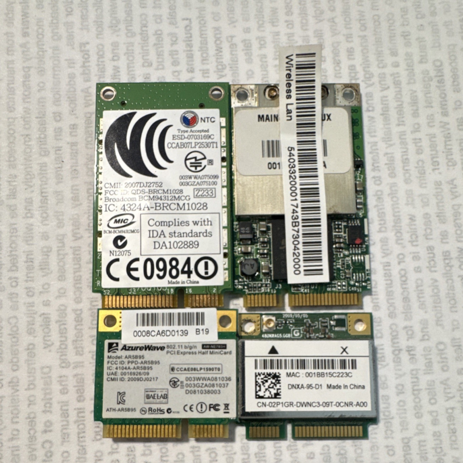 Lot of 4 Mini PCIe Laptop WiFi Wireless Cards Broadcom AzureWave Mixed Untested