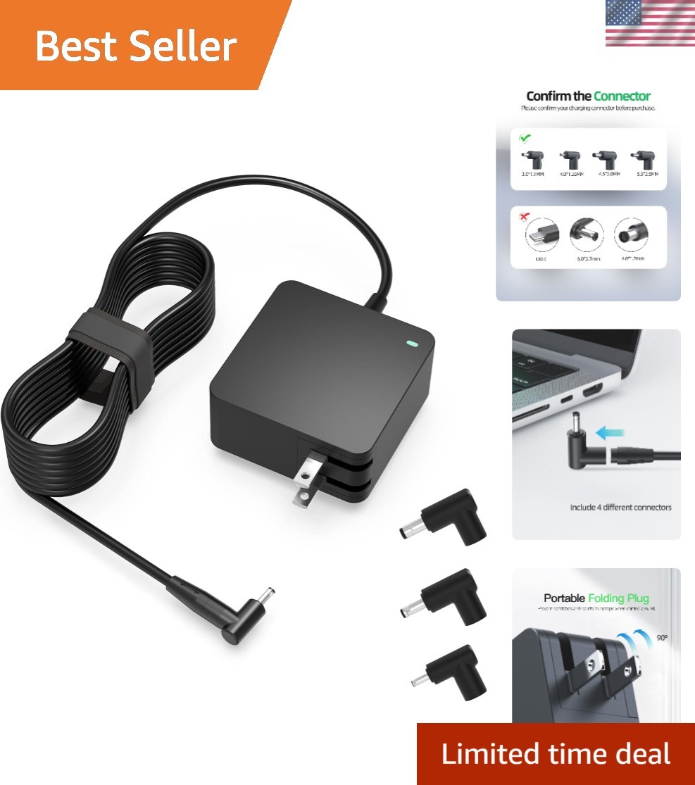 Durable Asus Laptop Charger 65W - Includes 4 Switchable Tips & Foldable Plug