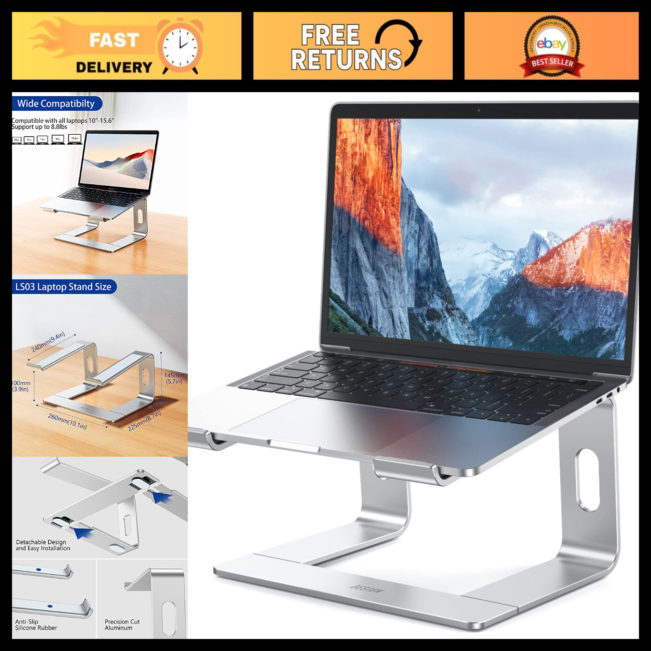 Ergonomic Aluminum Laptop Stand - Detachable Notebook Riser for 10-15.6" Laptops