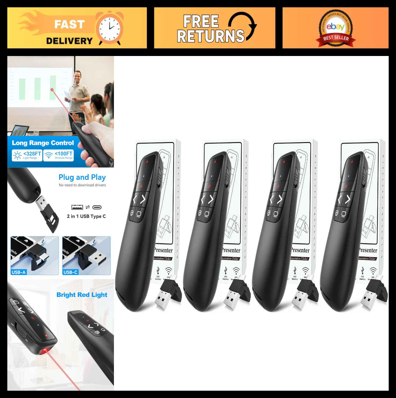 Wireless Presentation Clicker Remote with Red Laser Pointer - Long Range PPT Adv