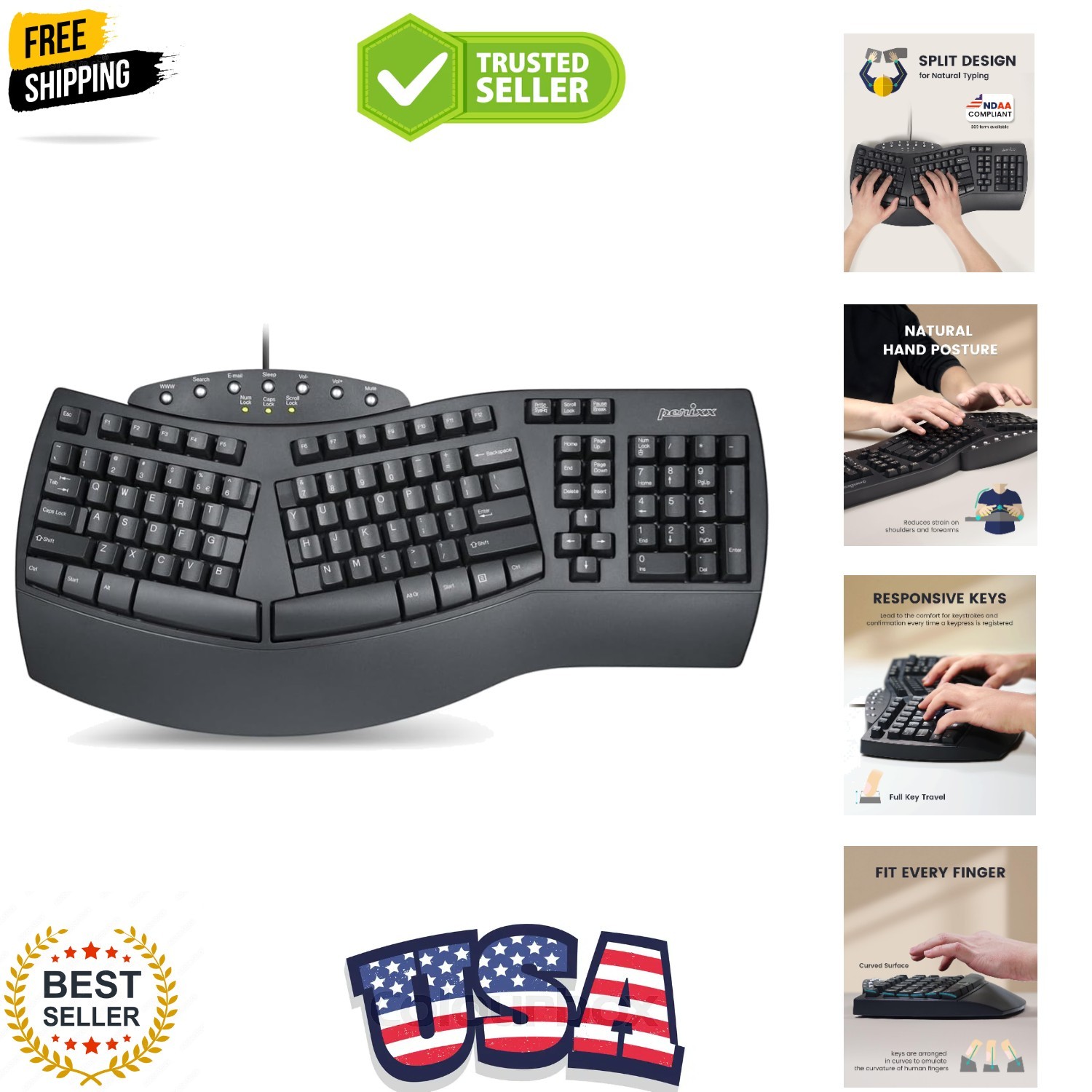 PERIBOARD-512B Wired Ergonomic Keyboard - Split Keyboard, Wrist Rest, Natural...
