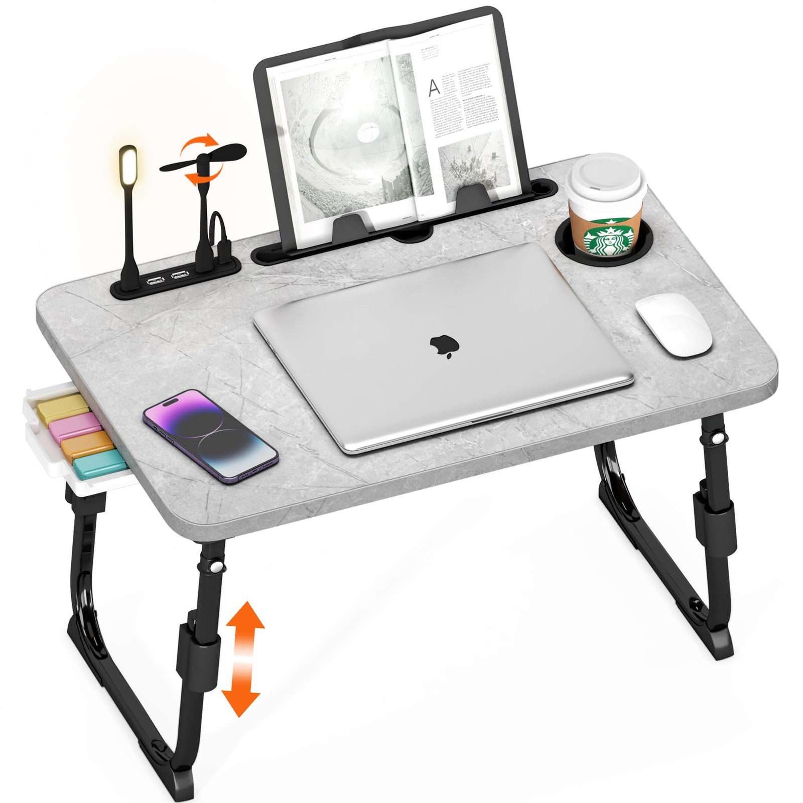 1 PC Height Adjustable Laptop Desk For Bed USB Storage Tray Light Stone