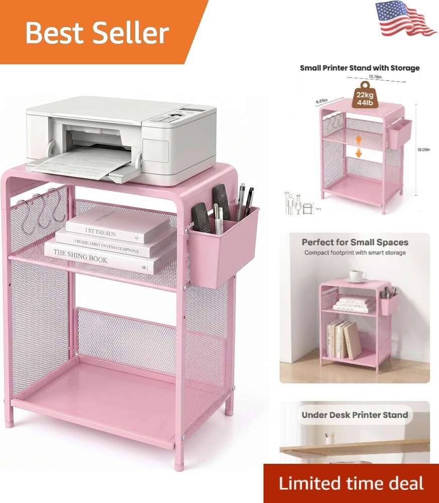 Heavy Duty Under-Desk Printer Table with 3-Tier Design & Storage Basket, Pink