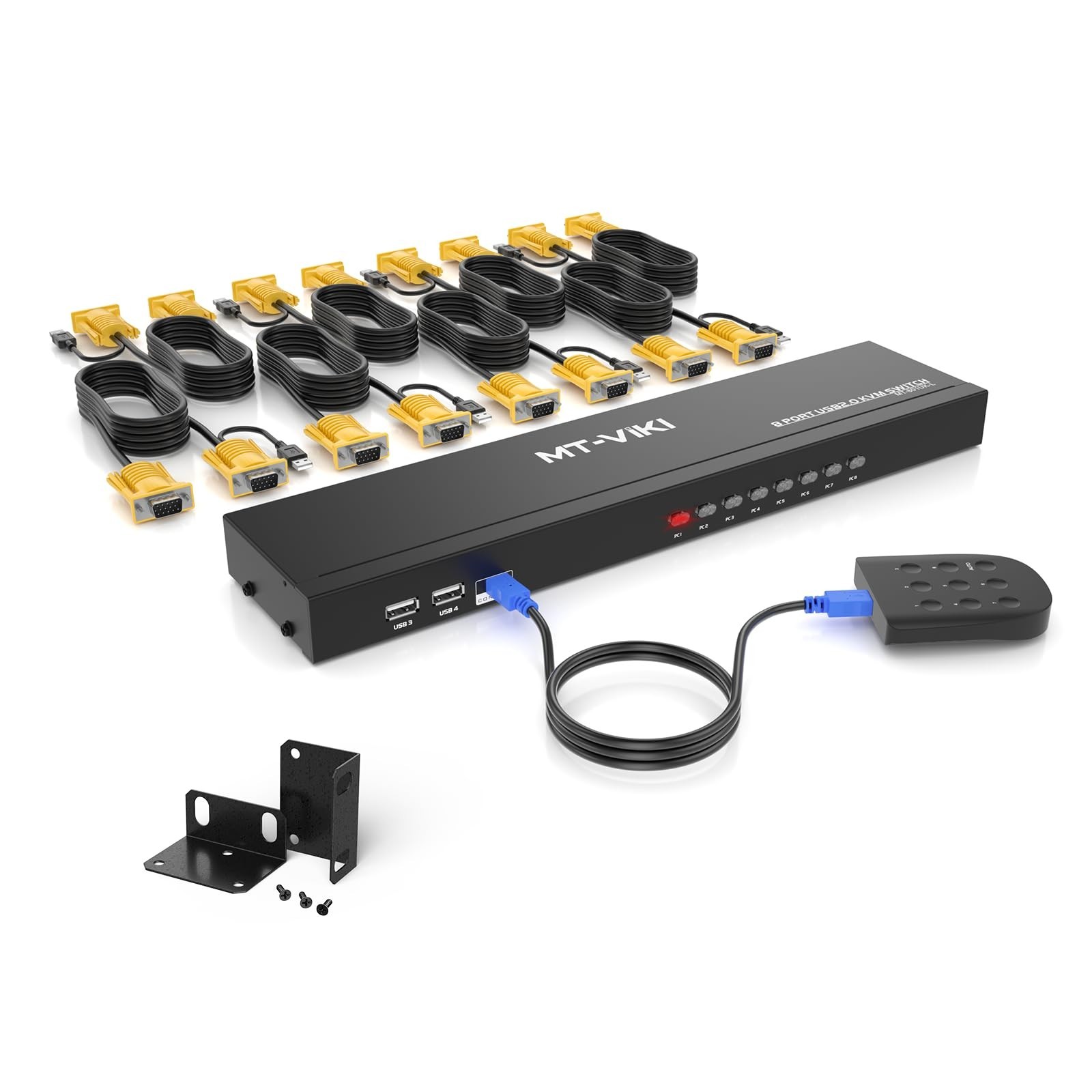 8-Port Rackmount KVM Switch VGA, 8x1 Selector with 8 KVM Cables & Power Adapter