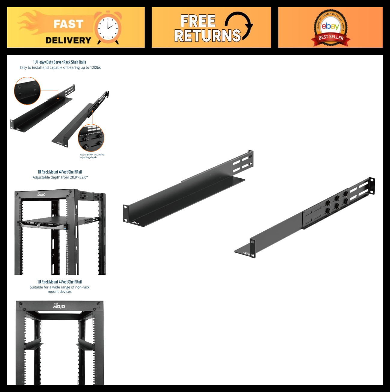 Universal 1U Rack Mount Rails - 4-Post Adjustable Shelf for Server, AV, IT Equip