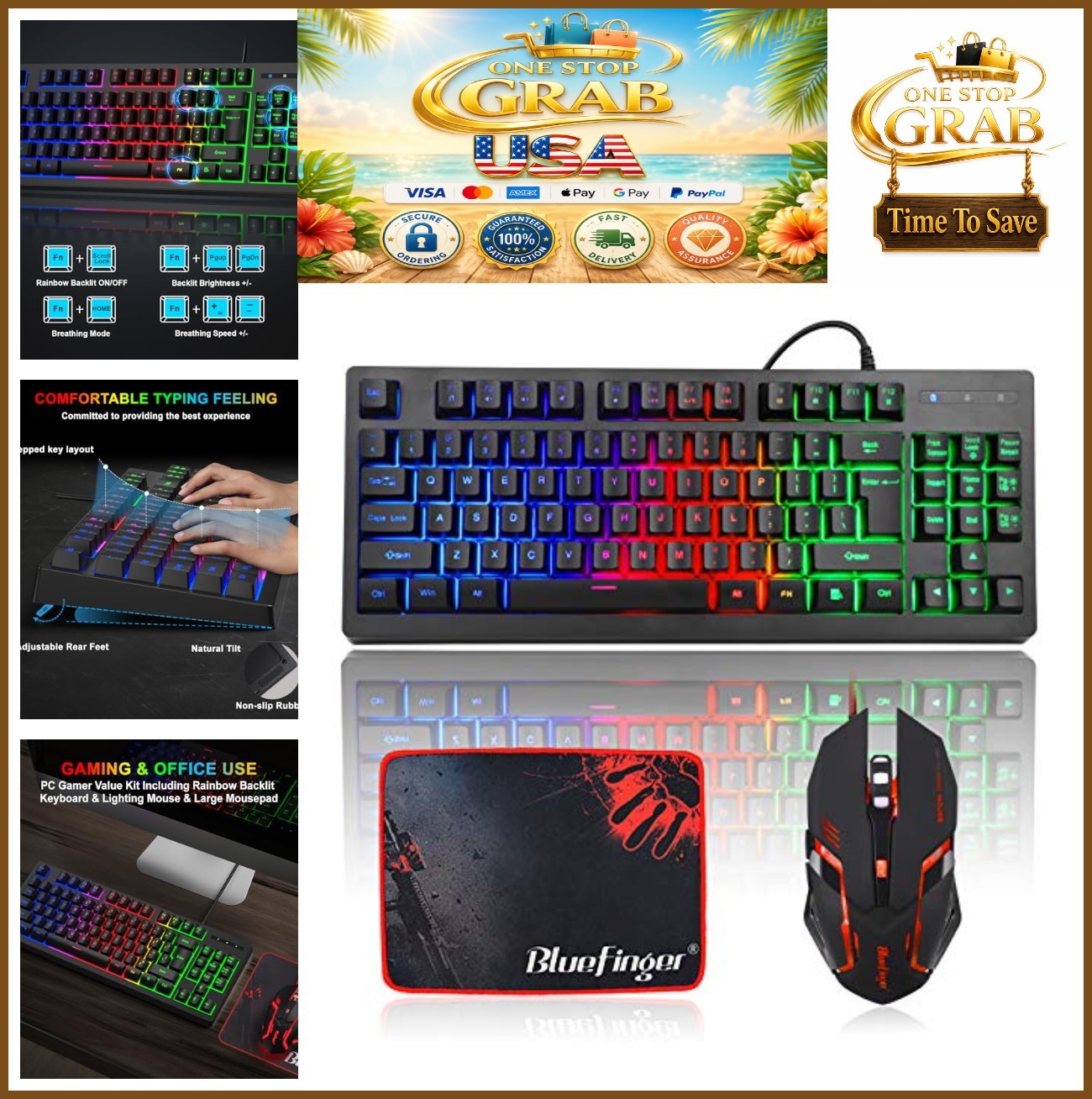 Gaming Keyboard Mouse Combo 87 Keys RGB Backlit Wired USB Tenkeyless Rainbow