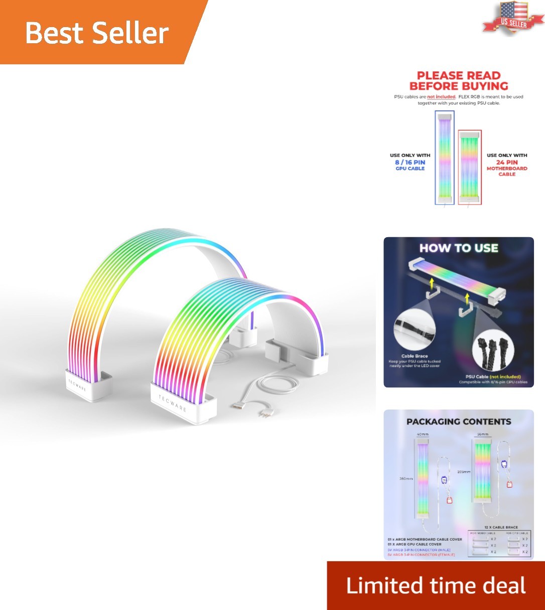 Seamless RGB Lighting Kit for PC Cables | 24-Pin & GPU Compatibility | White