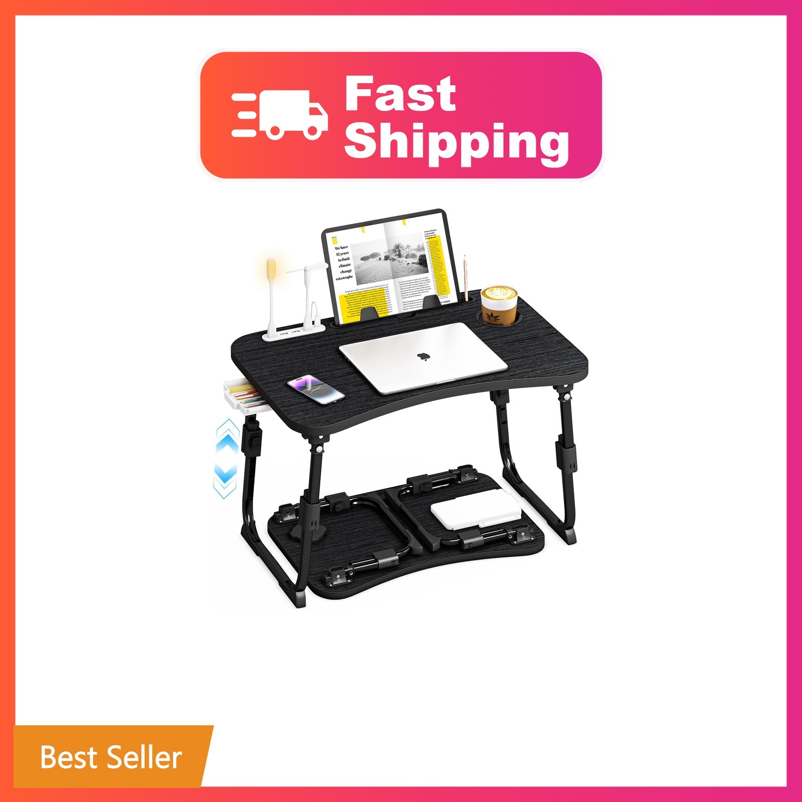 Lap Desk for Bed Adjustable Height, Foldable Bed Table with Storage Drawer, T...