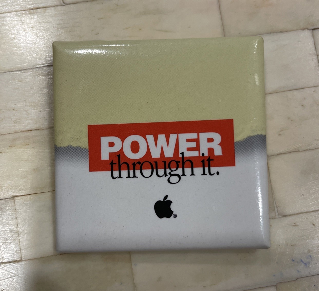 Vintage Apple Computer Employee Pin Back Button, Mac Power Through It Macintosh