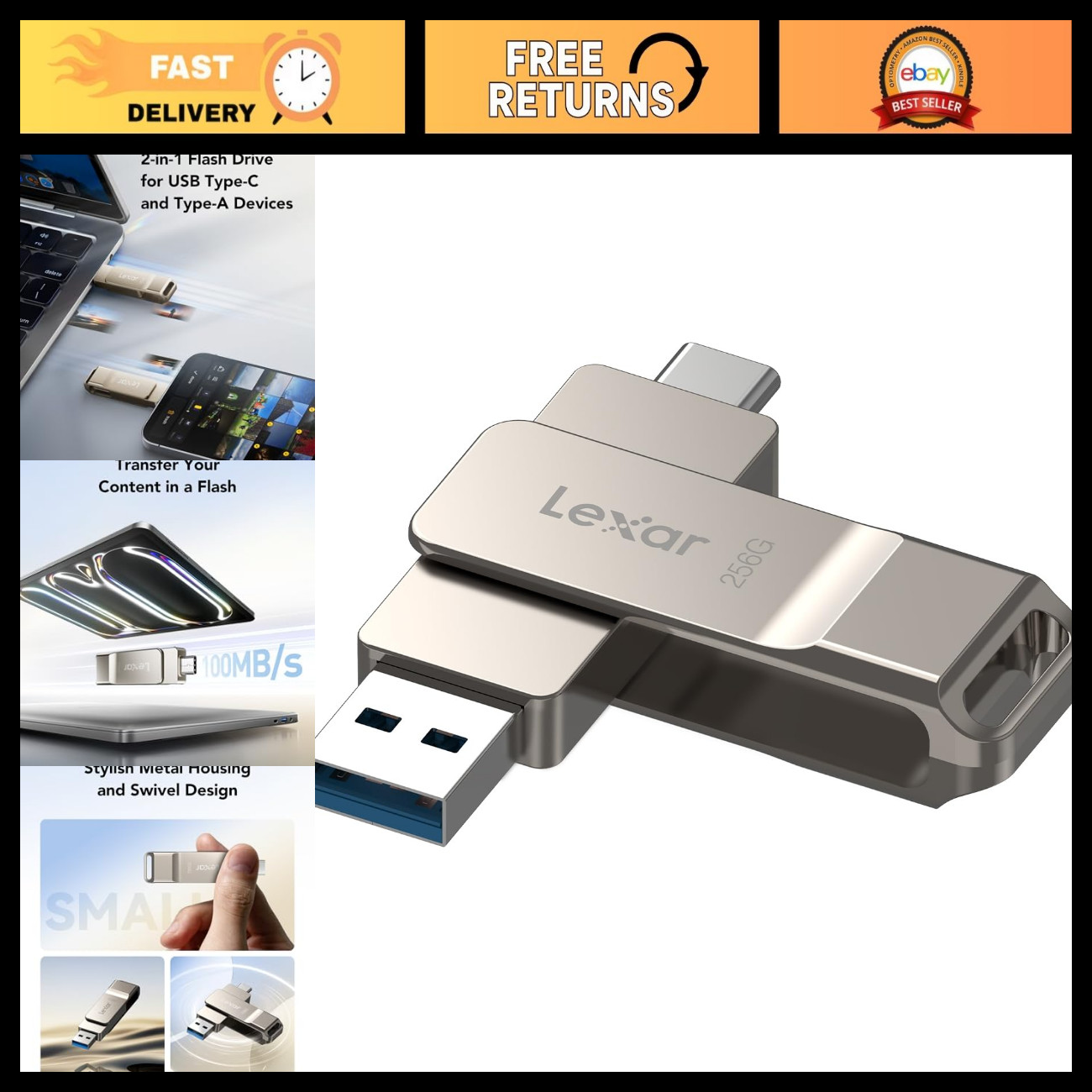256GB Dual USB 3.2 Gen 1 Type-C Flash Drive, High-Speed Storage, Champagne Silve