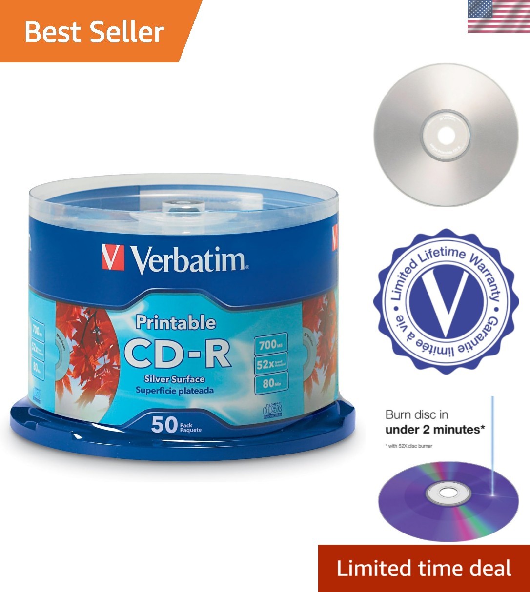 50pk Silver Inkjet CD-R Discs 700MB 80 Minutes 52X - Ideal for Custom Printing