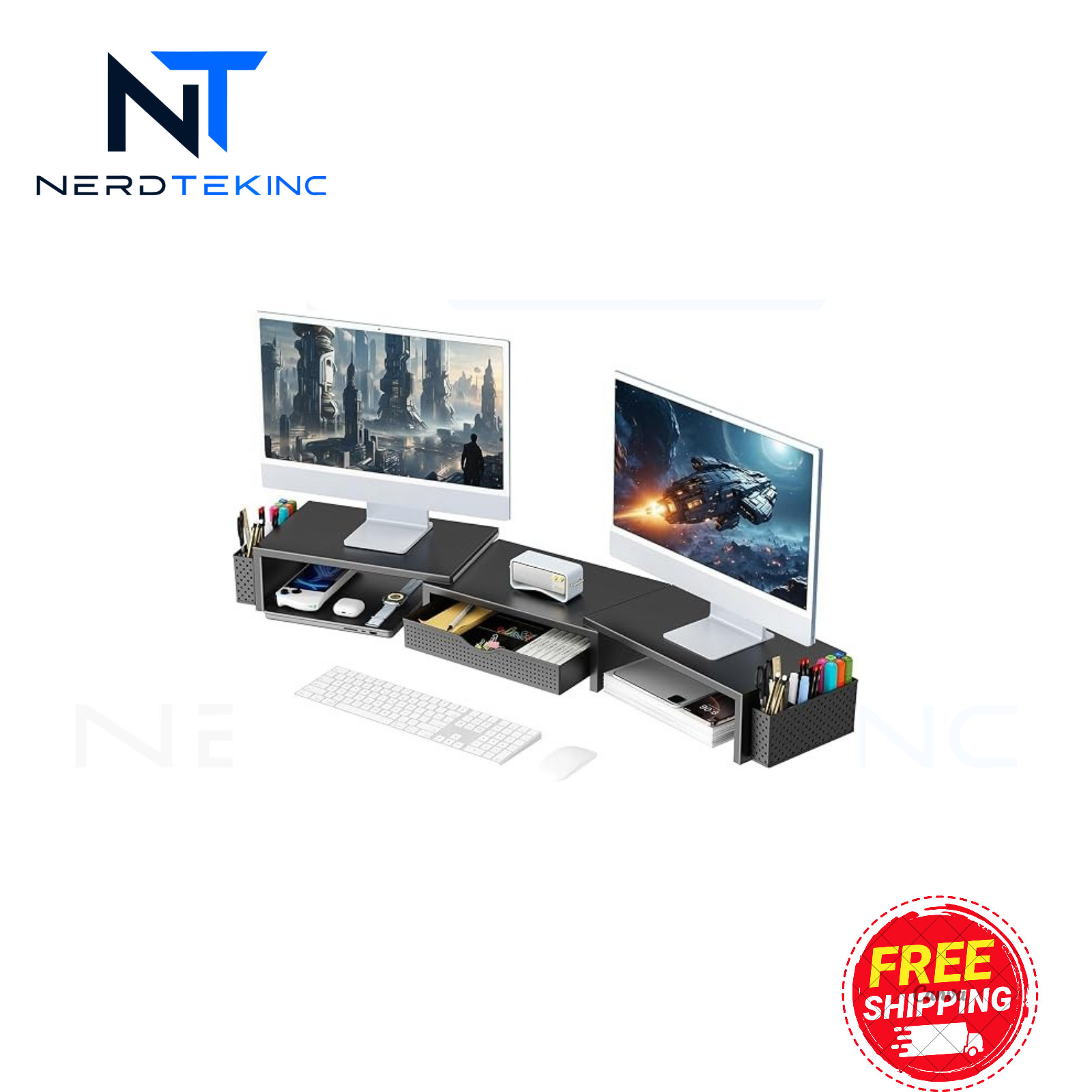 gianotter Dual Monitor Stand Riser With Drawer and 2 Pen Holders