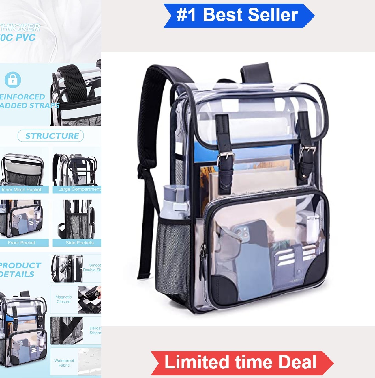 Clear Backpack 17 Inch PVC Water Resistant 15.6 Laptop Sleeve Black School