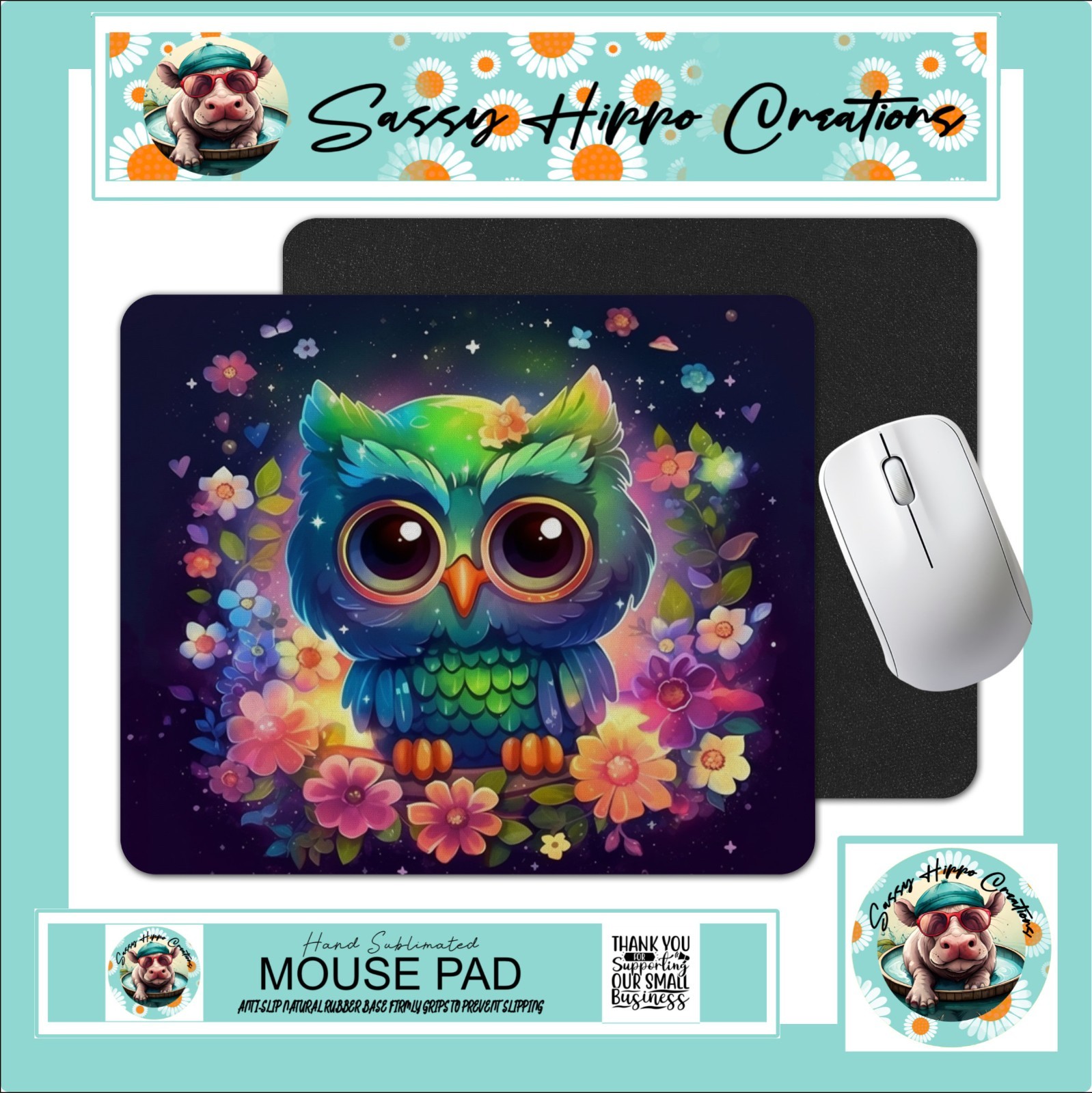 Mouse Pad Neon Owl Colorful Flowers Anti Slip Back Easy Clean Hand Sublimated