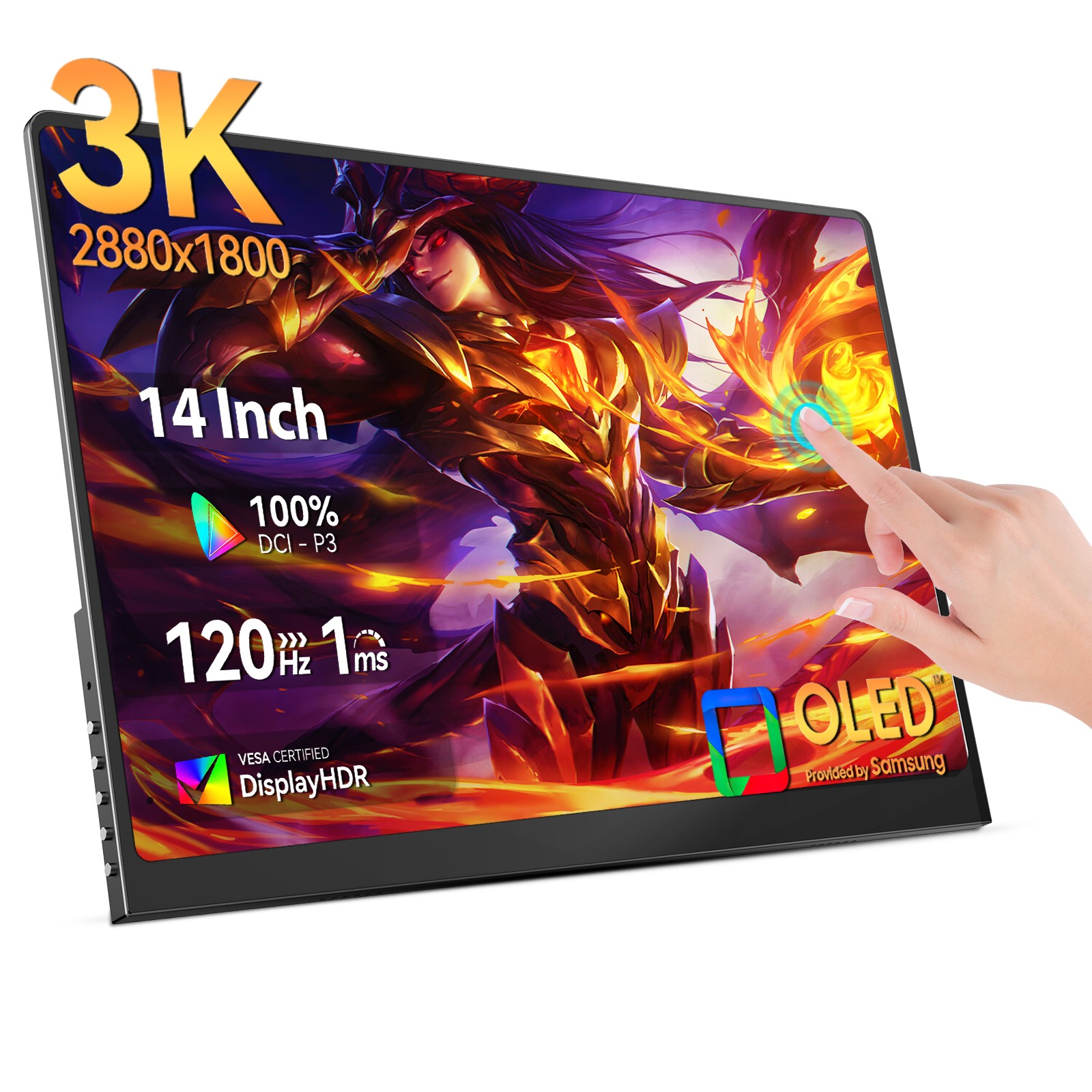 14 Inch 3K OLED Portable Monitor 120Hz Touchscreen 2880 x 1800 Built-in Stand