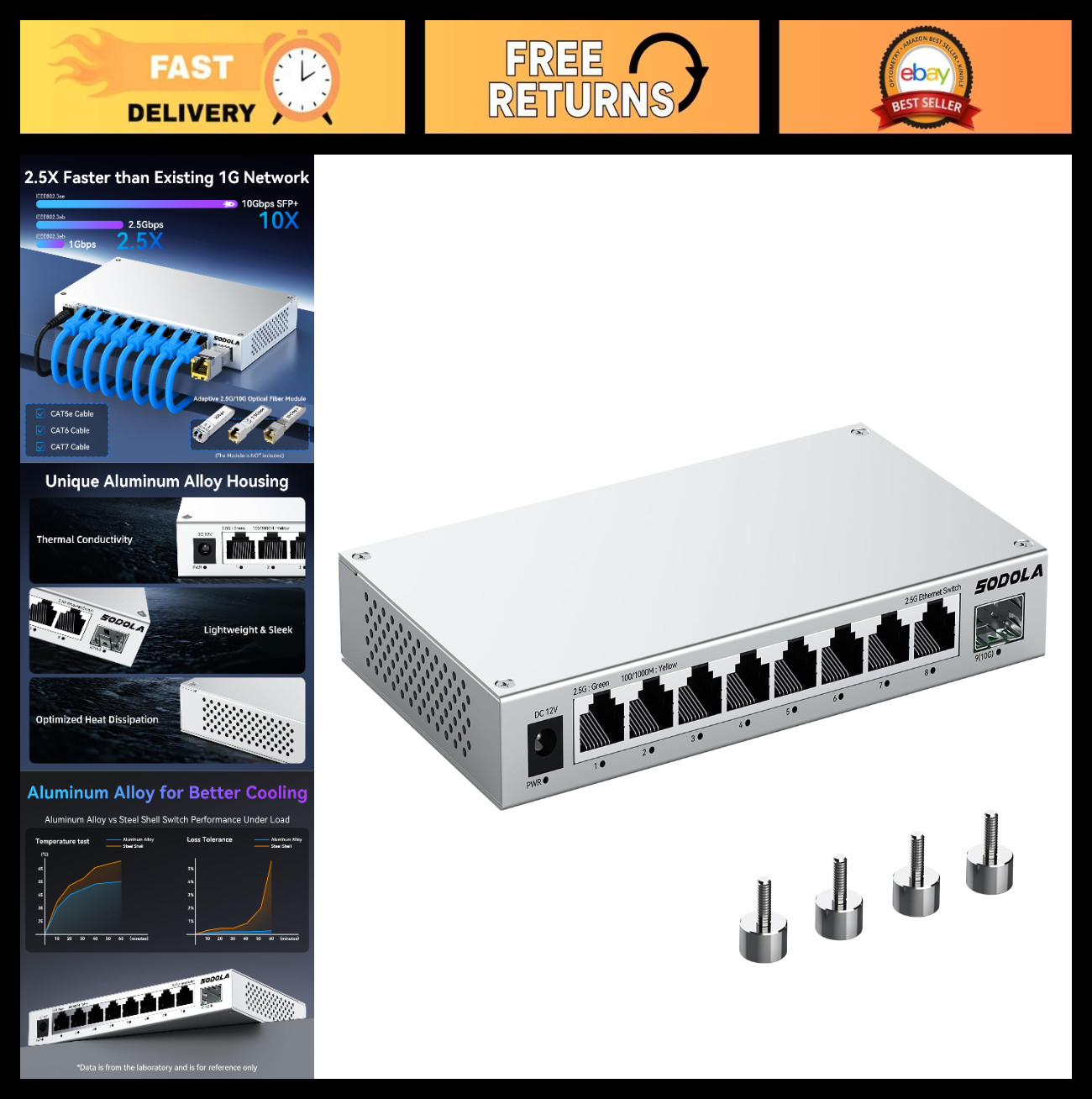 9-Port 2.5Gb Unmanaged Network Switch, 8 x 2.5GBASE-T Ports, 1 x 10G SFP+