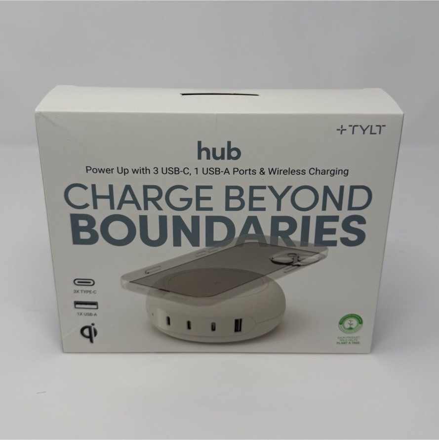 TYLT 100W Type-C Hub 3 USB-C 1 USB-A Wireless Charging Fast Charging 5ft White
