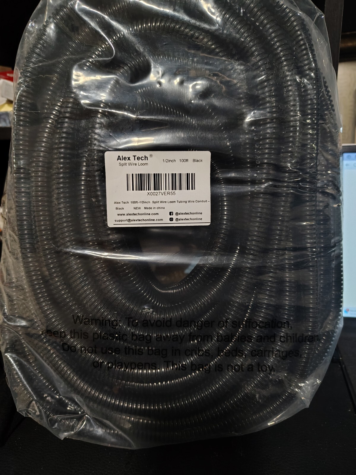 ALEX TECH SPLIT WIRE LOOM 1/2 INCH 100FT. BLACK NEW