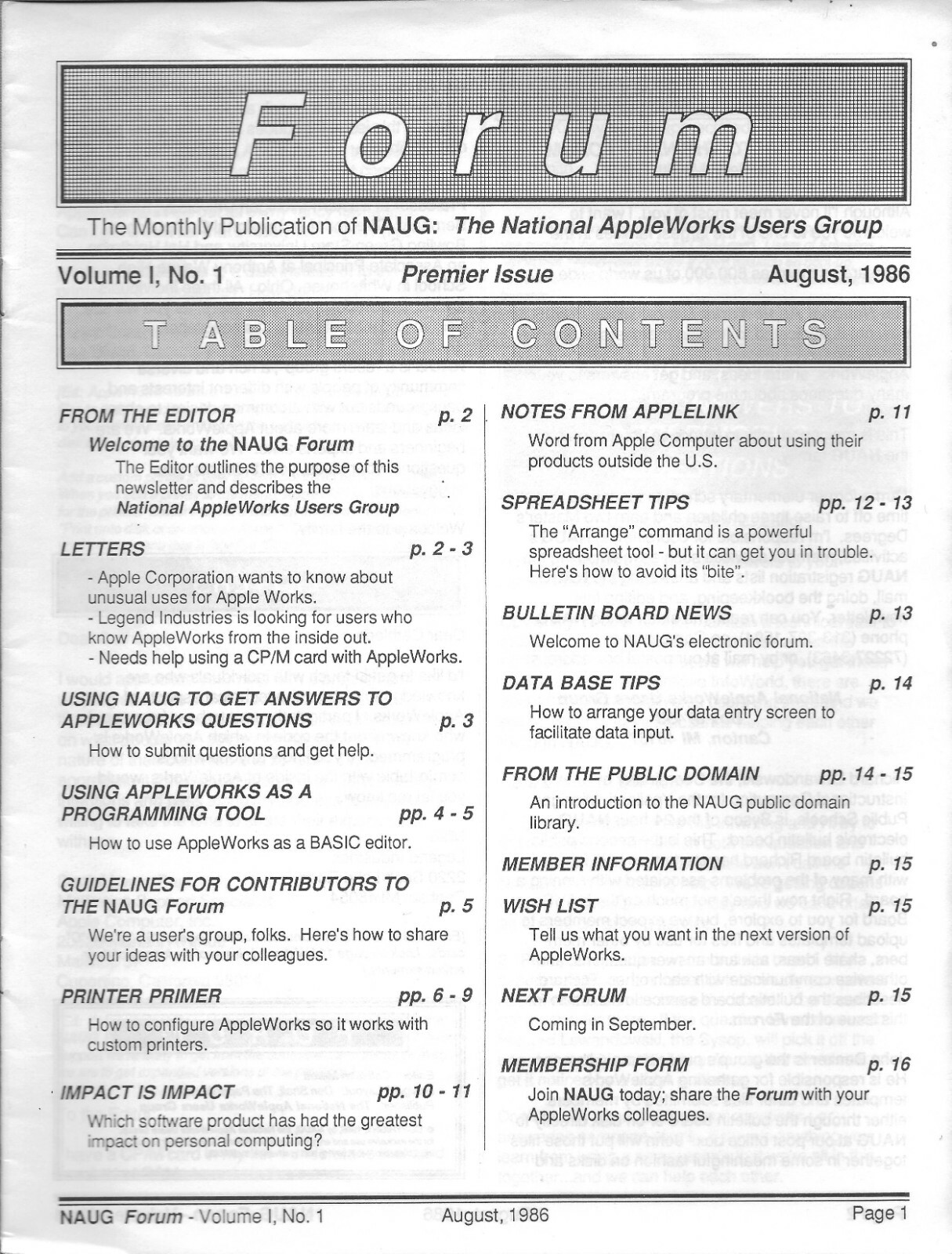AppleWorks Forum Magazine, August 1986 for Apple II II+ IIe IIc IIgs Premier