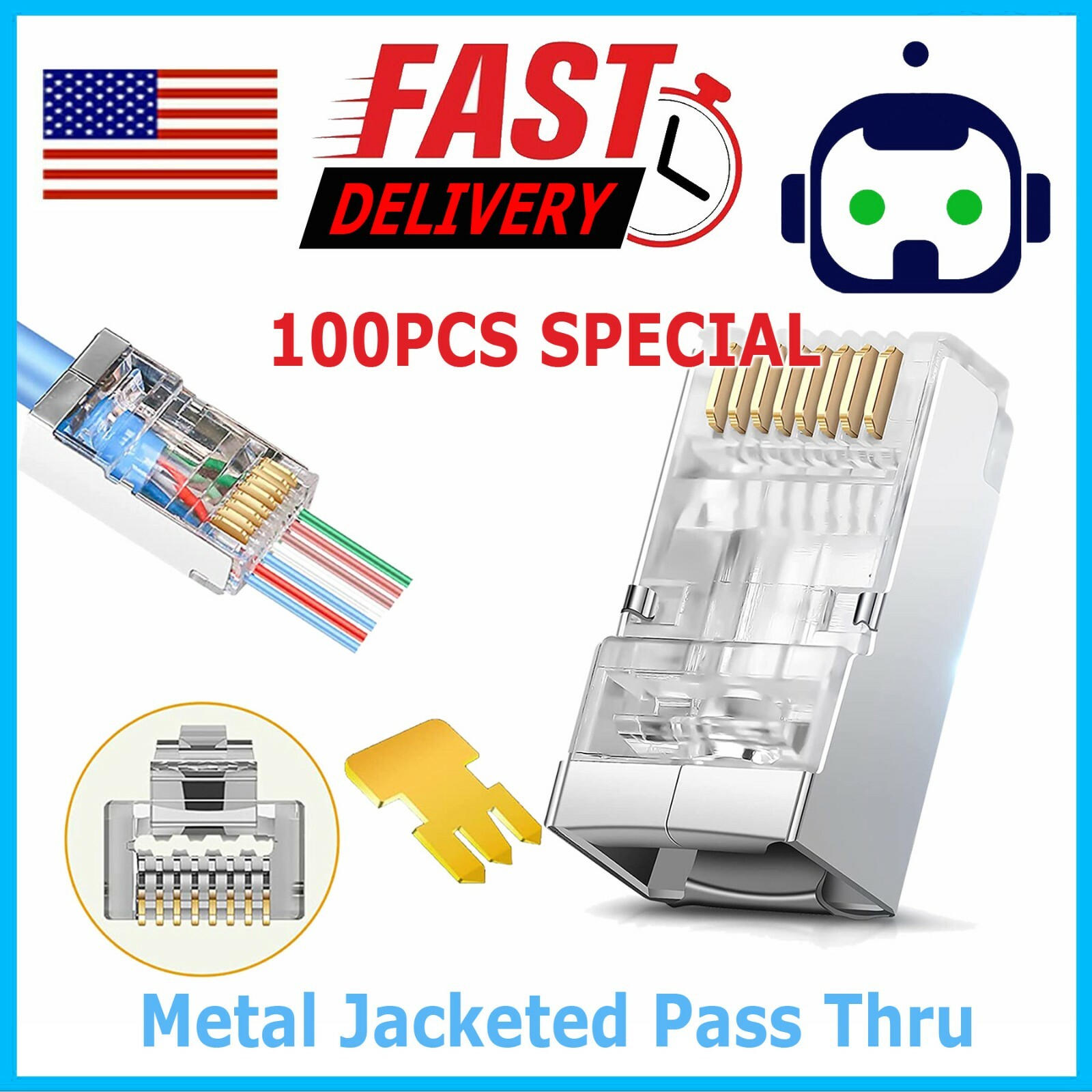 100pcs CAT6 Shielded RJ45 Pass Through Modular Plug Cable Connector End 8P8C