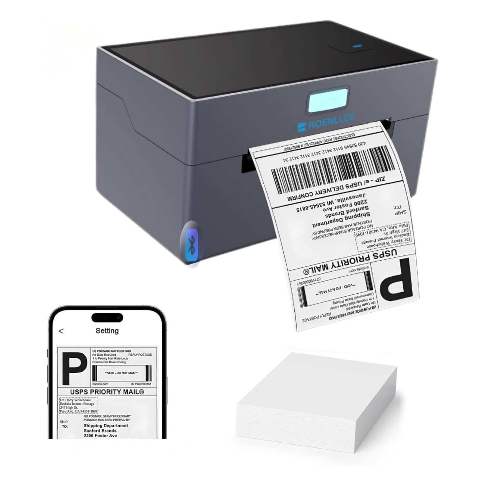 Thermal Shipping Label Printer, 4x6 Bluetooth Shipping Printer for Small