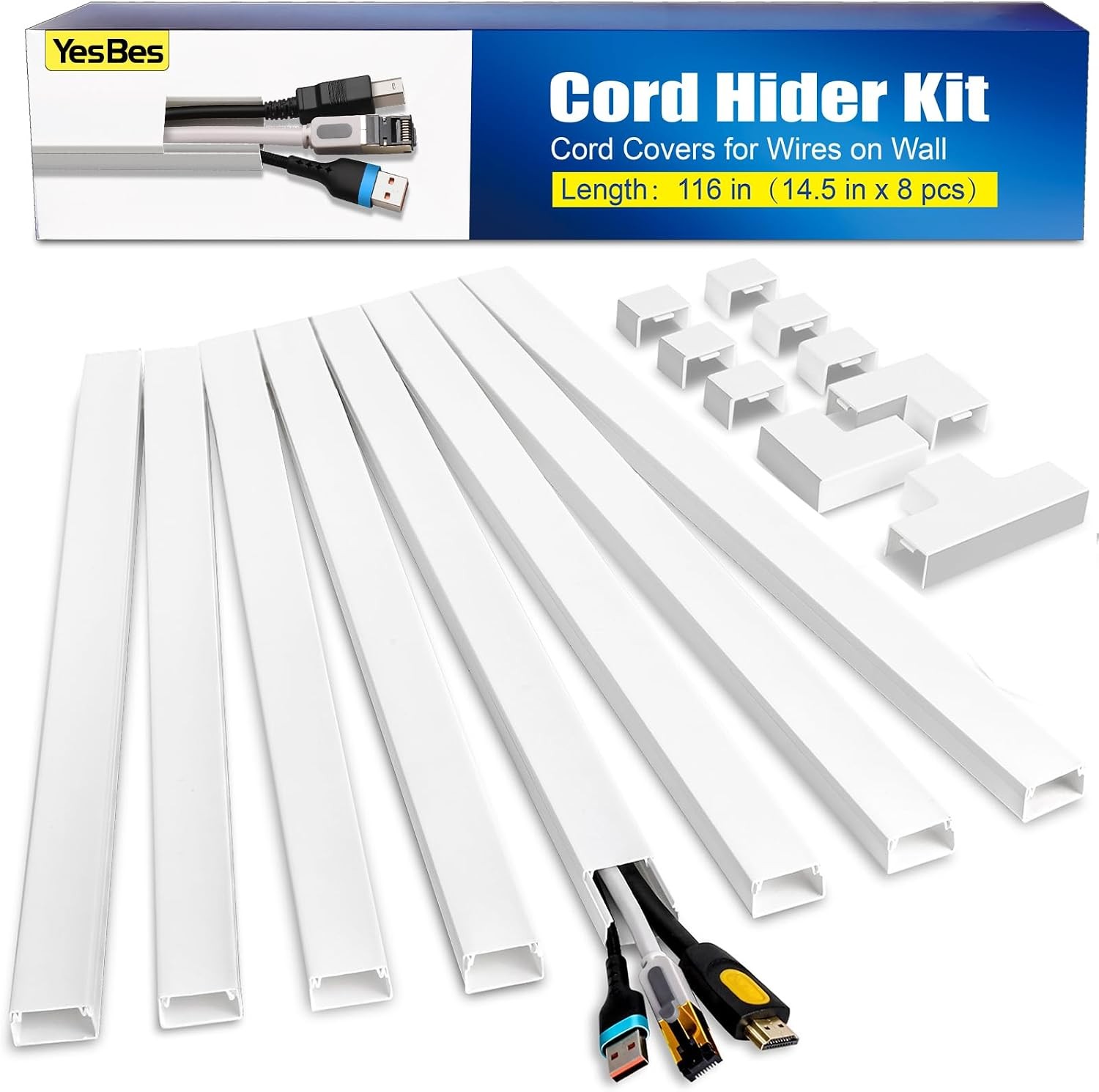 Cable Raceway Wire Hider Kit 116in White Paintable Cord Cover Wall Mount TV