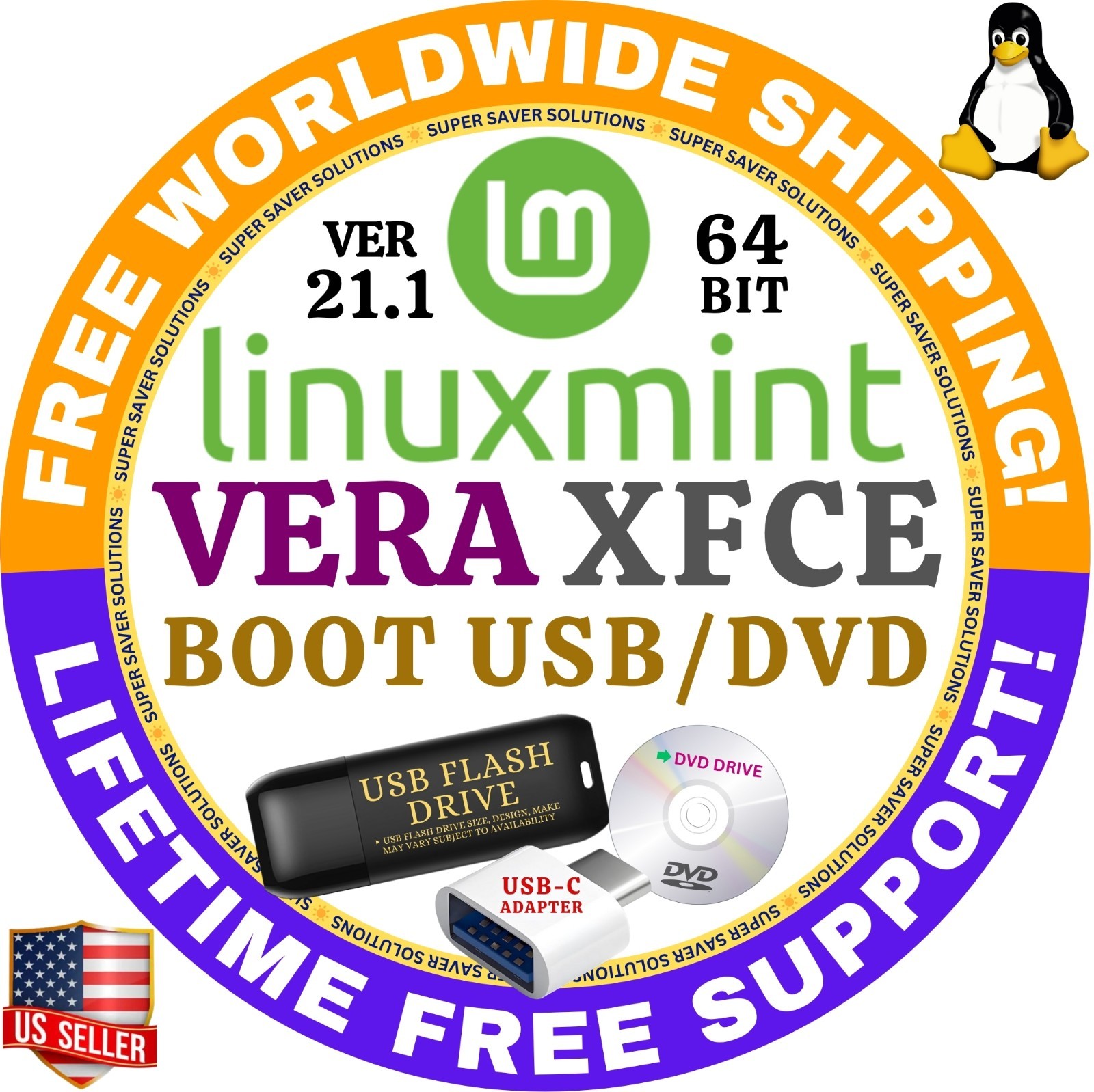 Linux MINT 21.1 USB VERA XFCE 64-Bit Live Boot, Full Install for MAC, PC