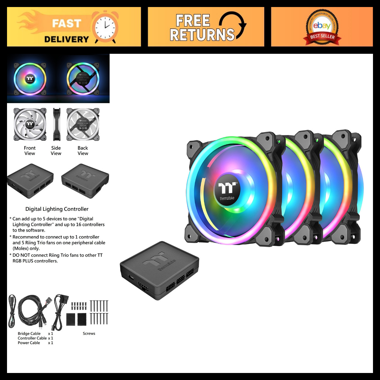 RGB 120mm Case/Radiator Fan - 3 Pack with 30 Addressable LEDs & Software Control